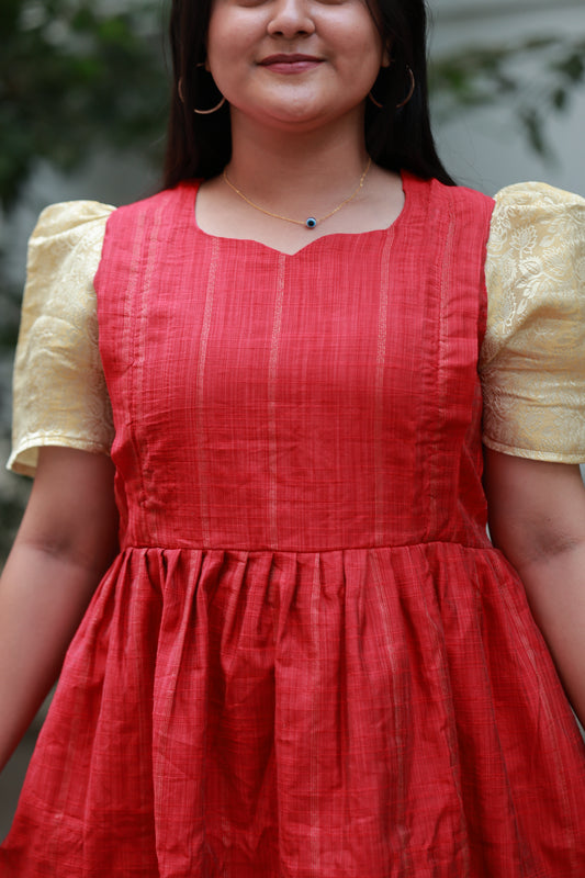 Raw silk - Double side zip  Maternity Maxi/Gown - Festival Collection - Red and sandal sleeve