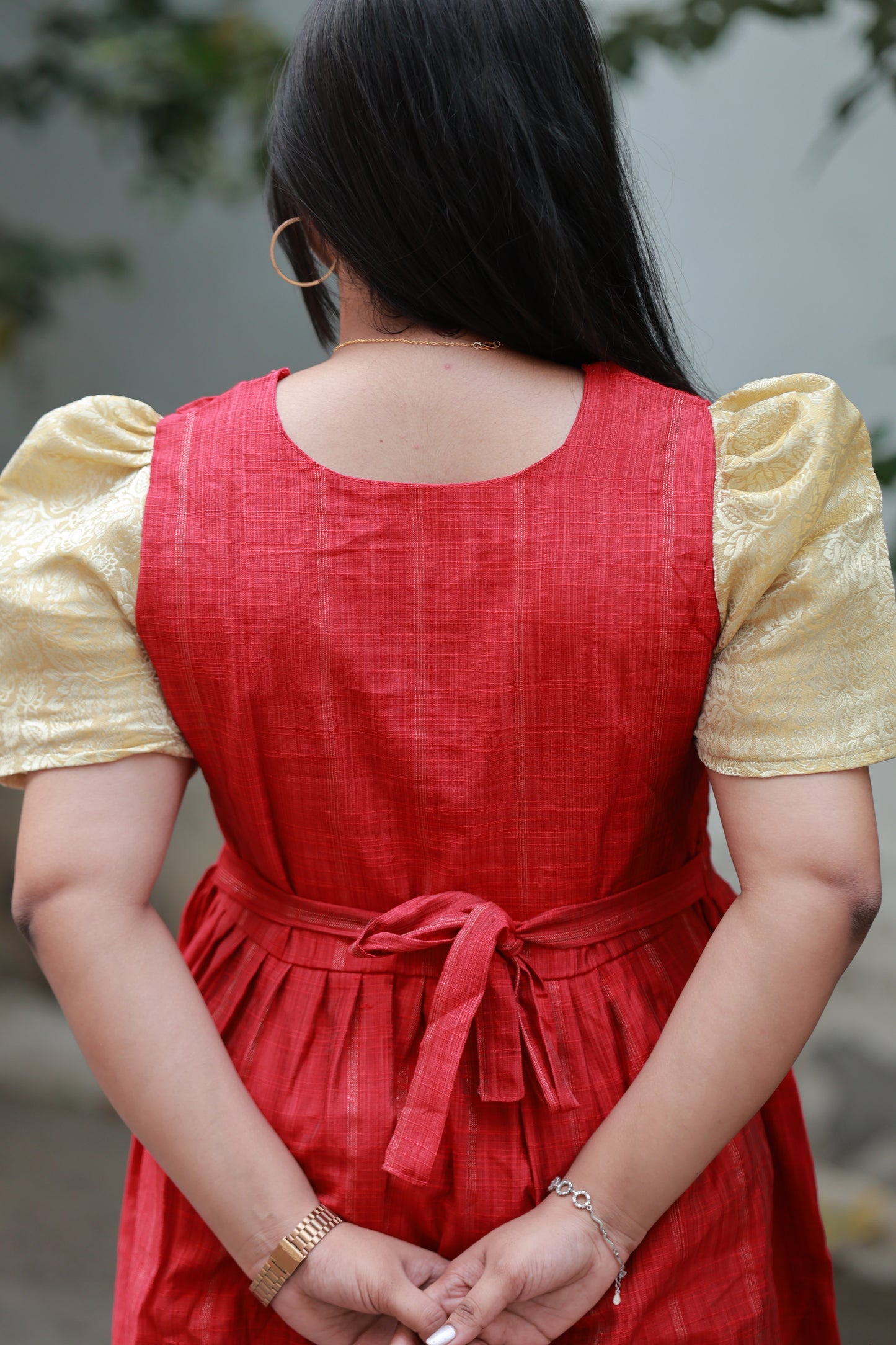 Raw silk - Double side zip  Maternity Maxi/Gown - Festival Collection - Red and sandal sleeve