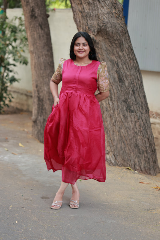Center zip Normal / Maternity Midi/Gown- cotton lining - Megenta   kotta