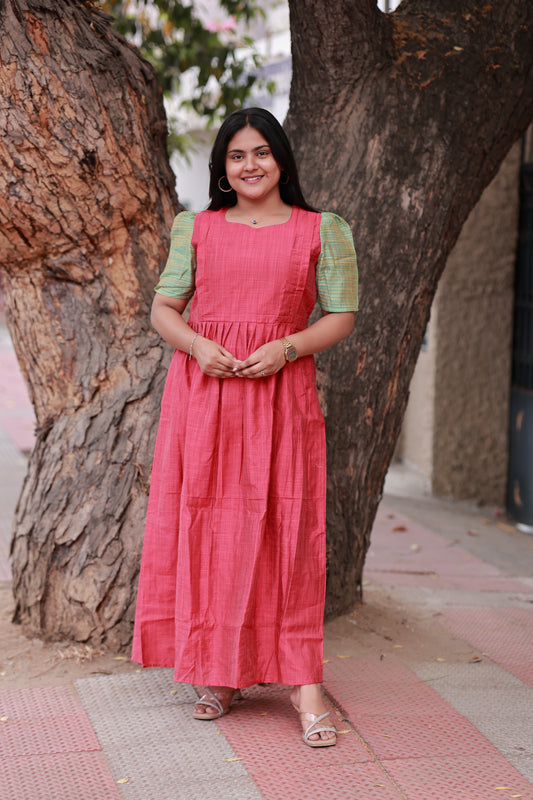 Butter slik - Center zip Normal / Maternity Midi/Gown- Pink and Green sleeve