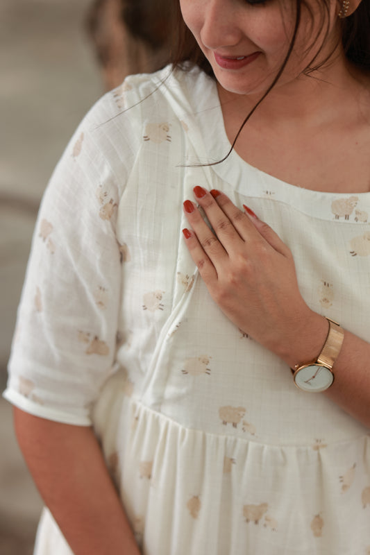 Premium Muslin- Feeding/ Maternity Maxi/Gown - Cotton lining / Double side zip -  Hidden zip pattern maintains premium look, Gentle on skin with breathable texture, Keeps you cool and fresh during summer.