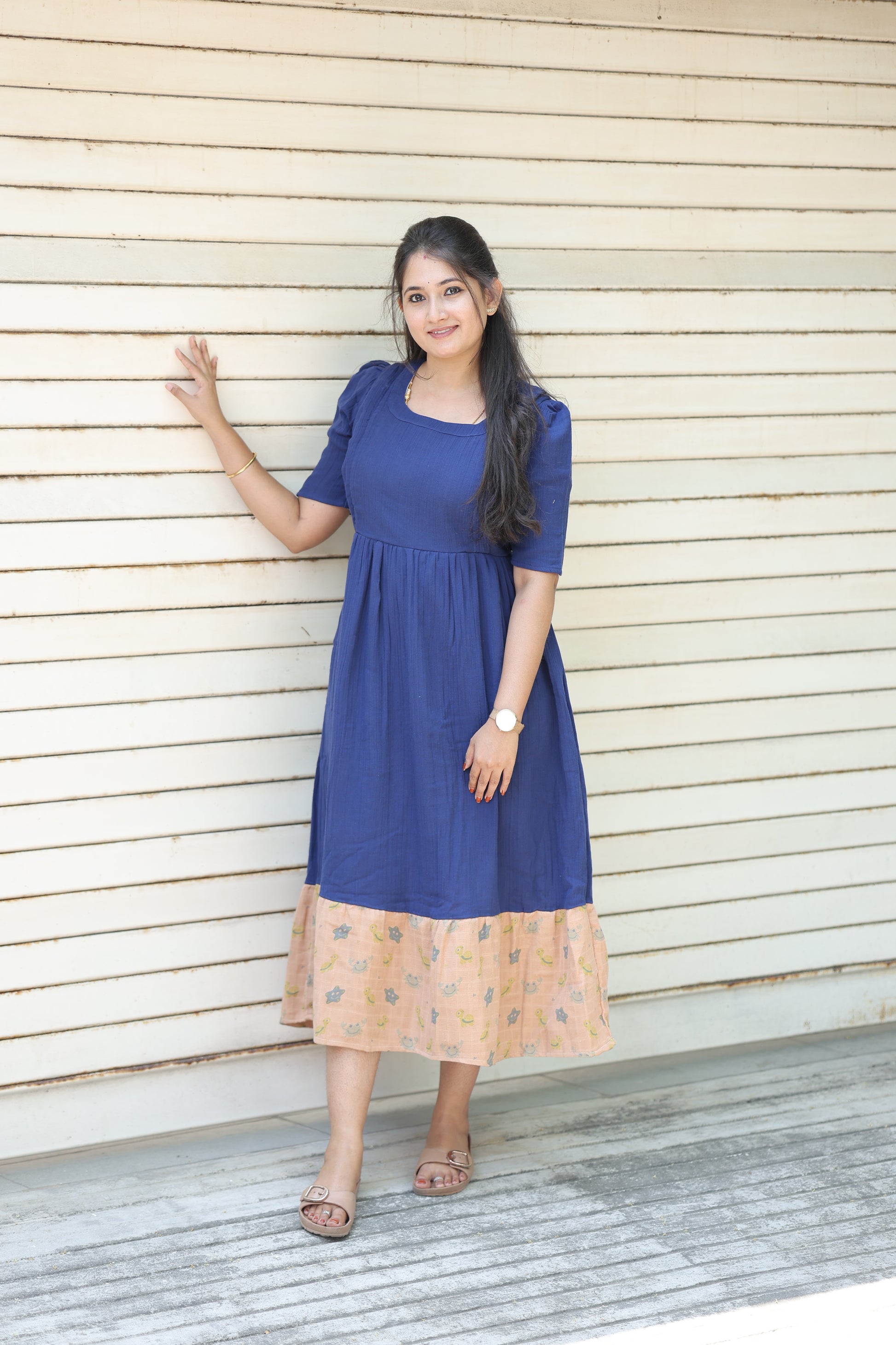 Navy blue- Muslin- Feeding/ Maternity Maxi/Gown - Cotton lining