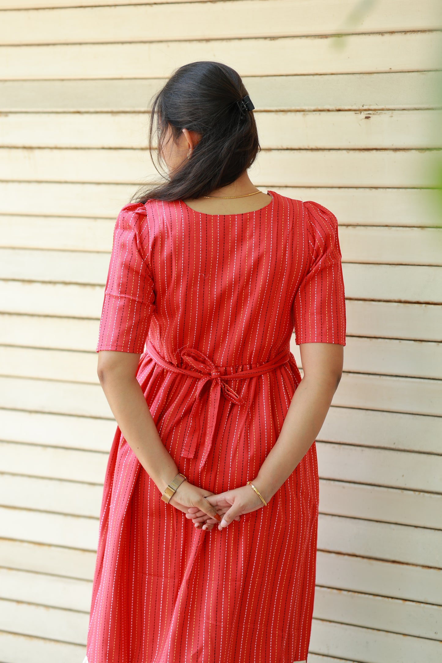 Red striped cotton maxi dress with adjustable waist tie, puff sleeve detailing and relaxed flowy fit for all-day comfort, plus size breathable summer wear 