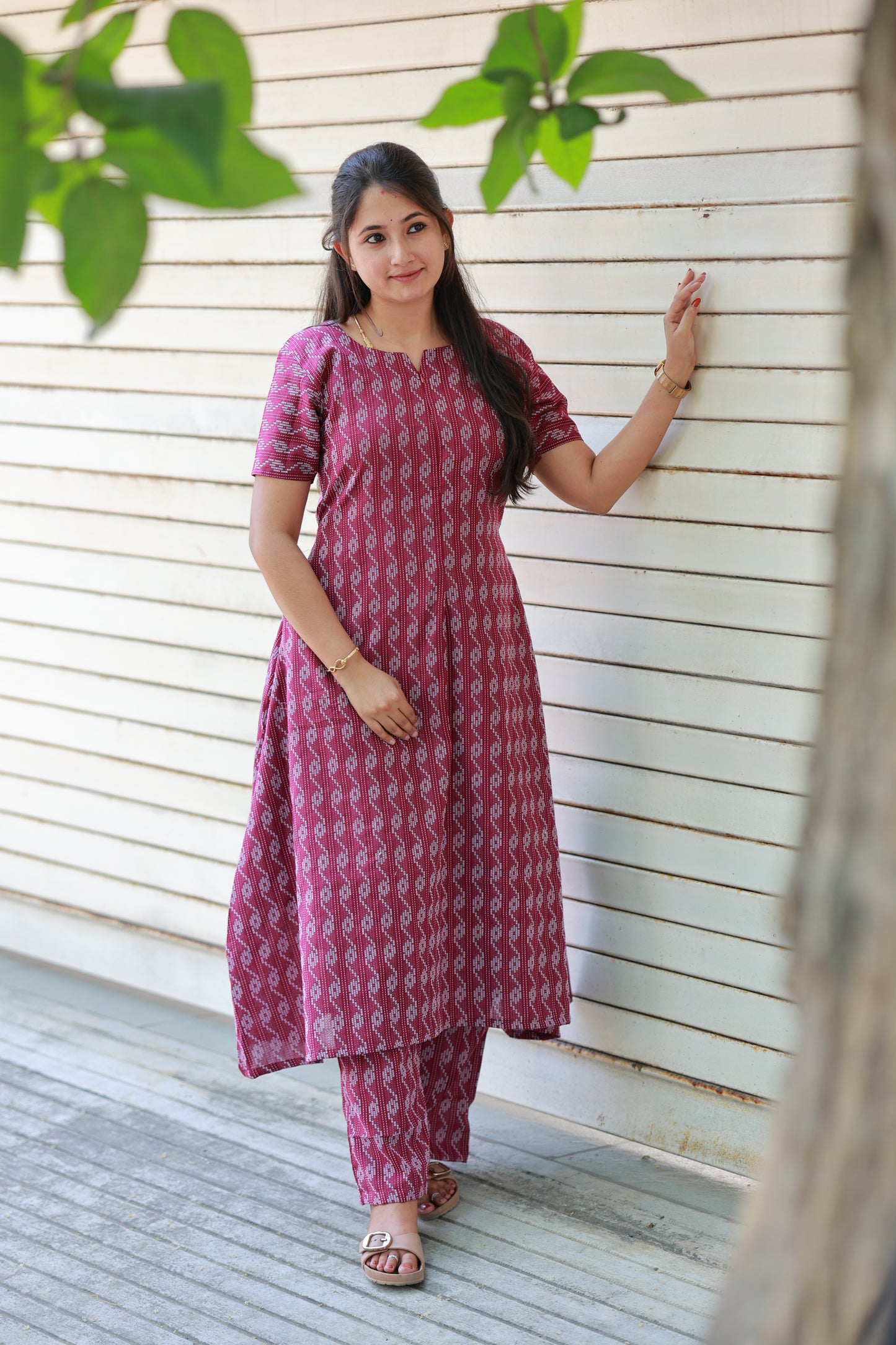 Coordset- Feeding / Maternity 2 pc set [Top with center zip and Full-length lining and free size bottom] -  Wine