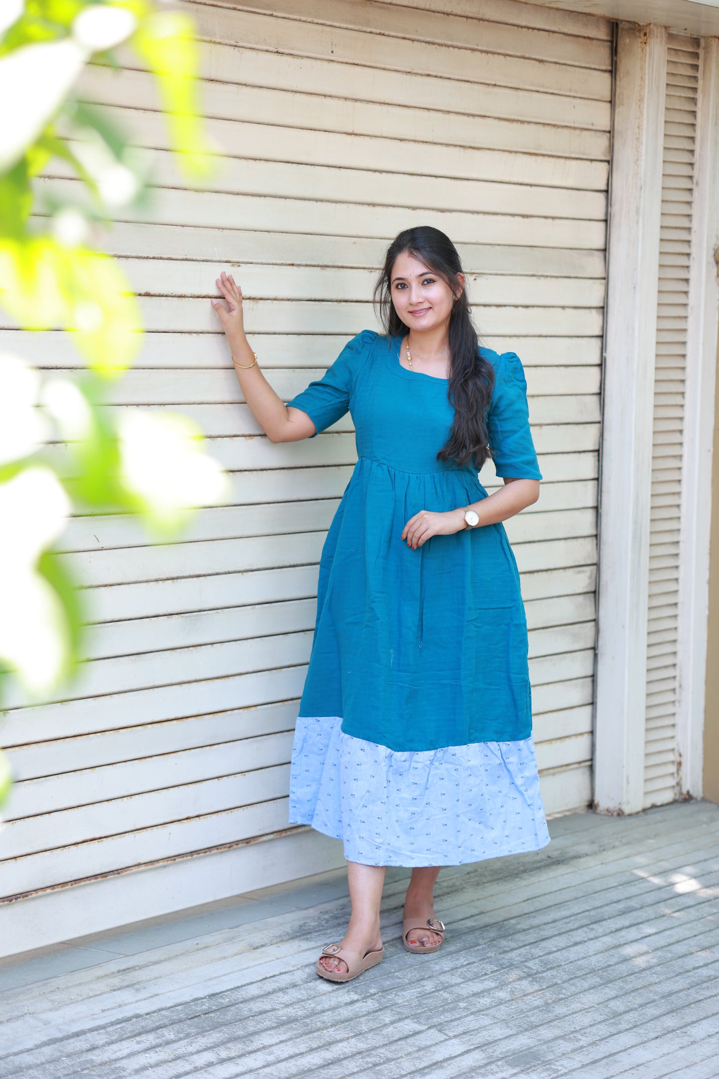 Neemai ramar green muslin cotton maternity maxi gown with elegant contrast border design, puff sleeves and lightweight breathable fabric for summer everyday comfort, plus size friendly clothing.