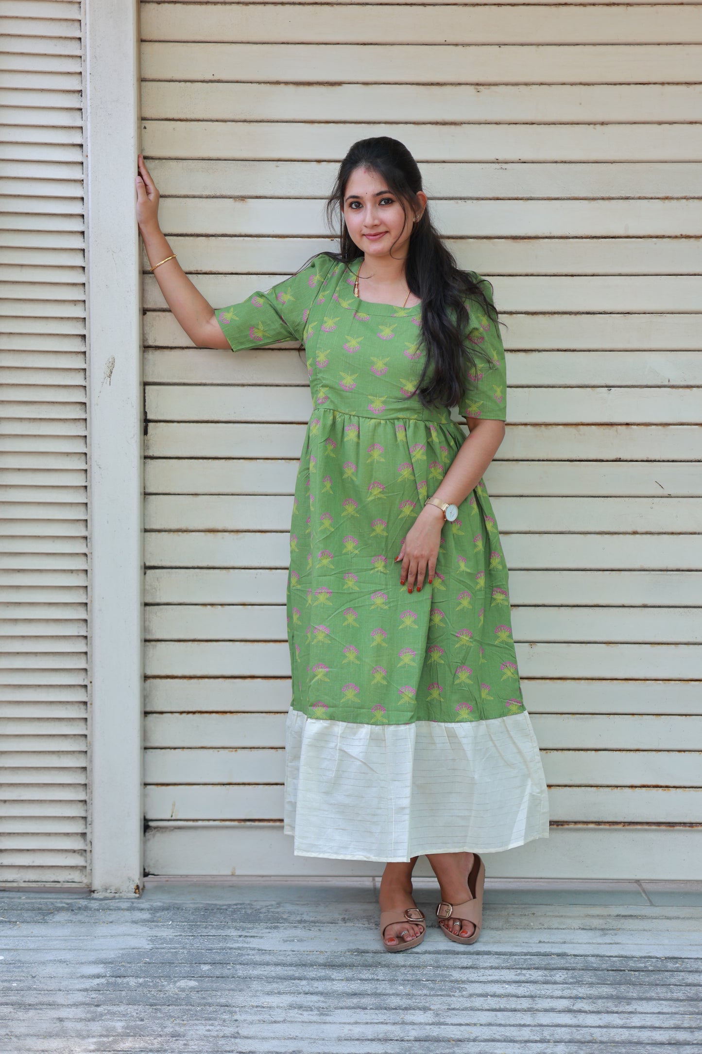 Neemai light green maternity gown in soft breathable cotton fabric with elegant floral print, flowy maxi fit and all day comfort for moms-to-be, plus size maternity wear.