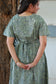 Neemai printed gray dress with adjustable waist tie, bump friendly flattering fit and graceful fall, summer friendly easy beezy dress.