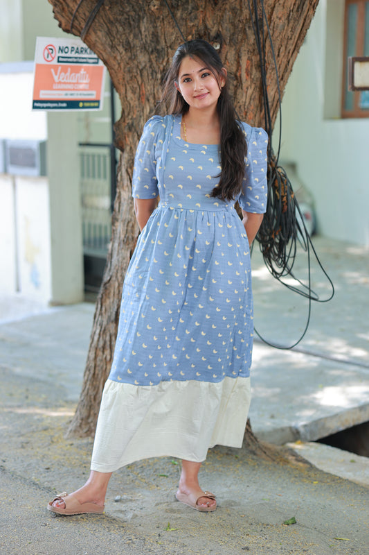 Blue Moon- Muslin/  Maternity / Feeding Maxi/Gown -  cotton lining- Double side zip