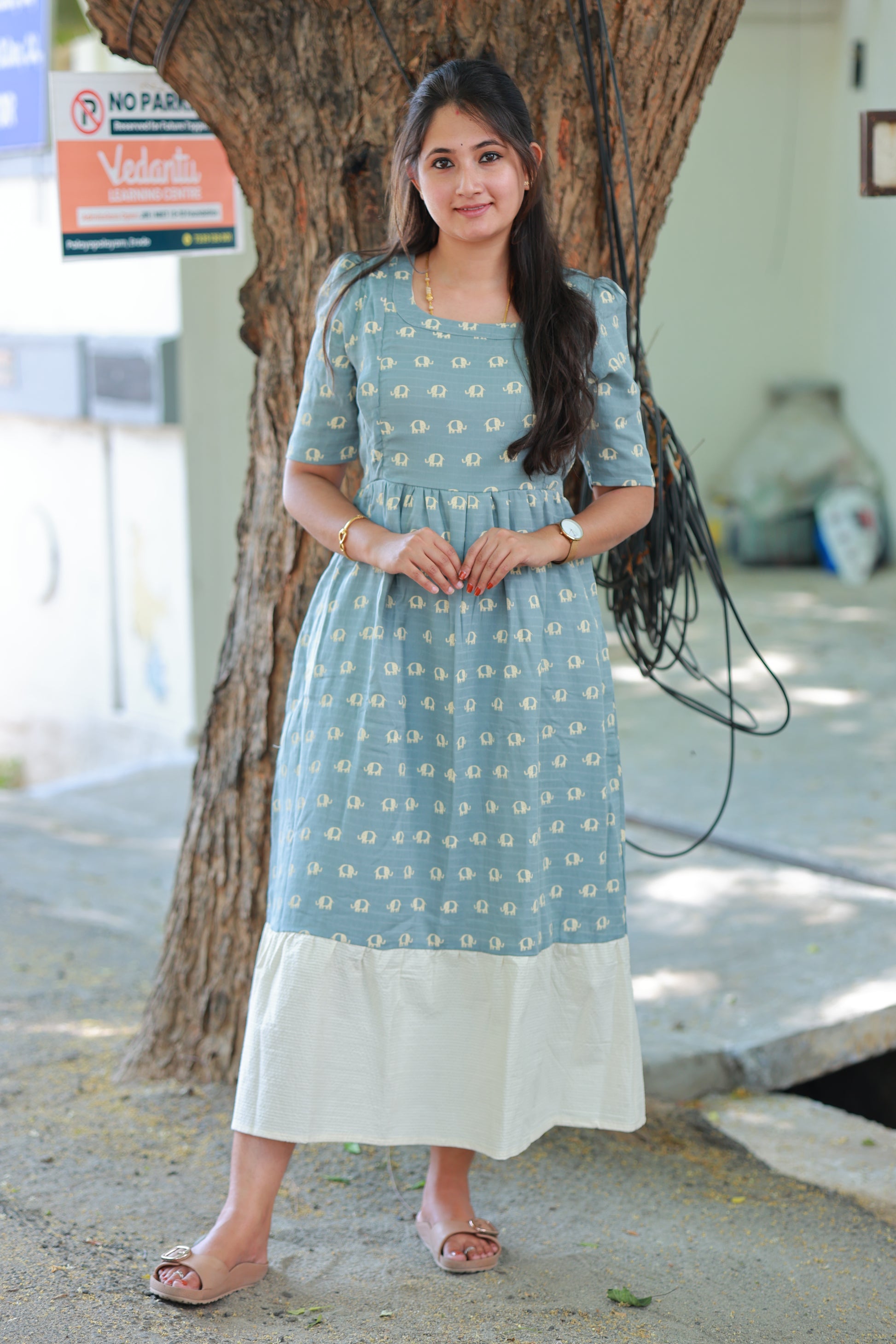 NEEMAI blue elephant print muslin cotton feeding maxi gown with contrast border hem, breathable lightweight fabric, soft summer friendly maternity wear, plus size cotton wear 