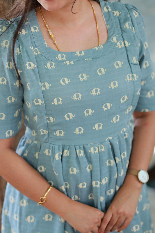 Blue Elephant - Muslin- Feeding/ Maternity Maxi/Gown - Cotton lining - Double side zip