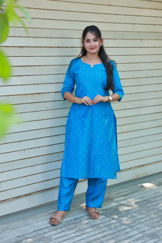 Raw silk Maternity  2 pc  festival kurti  set [ Top with center zip and pant]   - Sky Blue