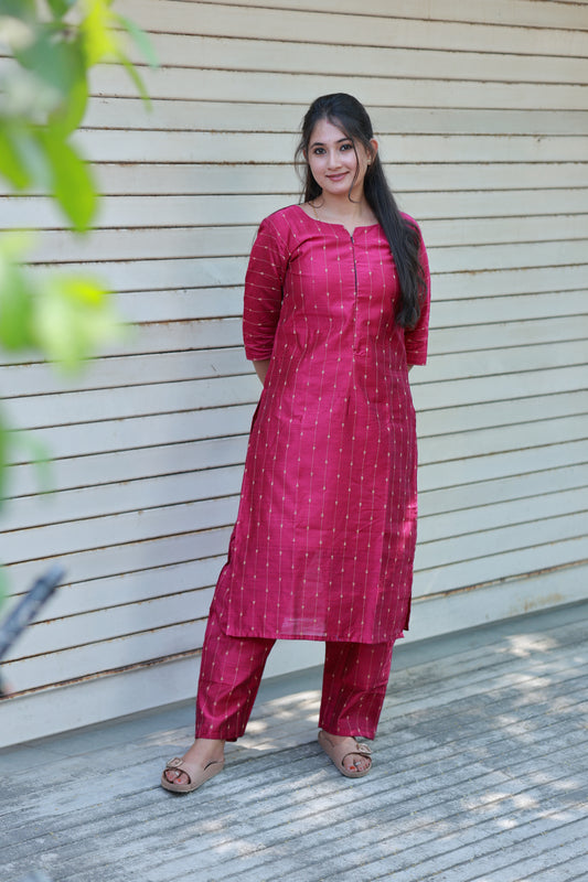 Coordset - Raw silk Maternity  2 pc  festival kurti  set [ Top with center zip and pant  ] - Deep Pink