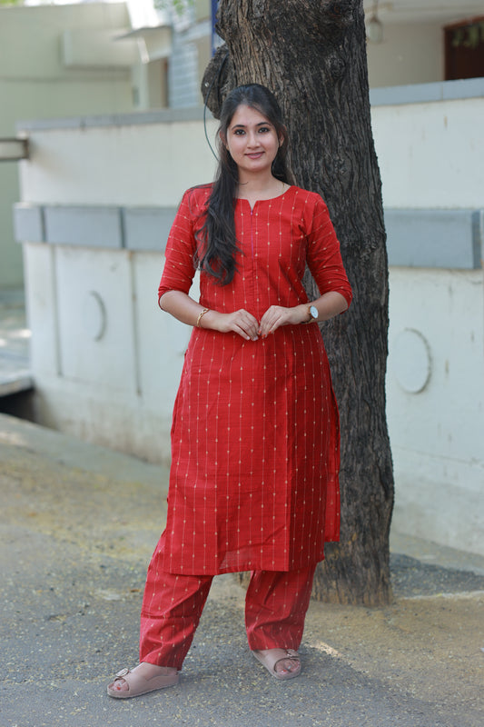 Coordset - Raw silk Maternity 2 pc  festival kurti  set [ Top with center zip,and pant  ] - Deep Red