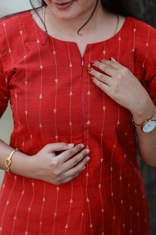Coordset - Raw silk Maternity 2 pc  festival kurti  set [ Top with center zip,and pant  ] - Deep Red