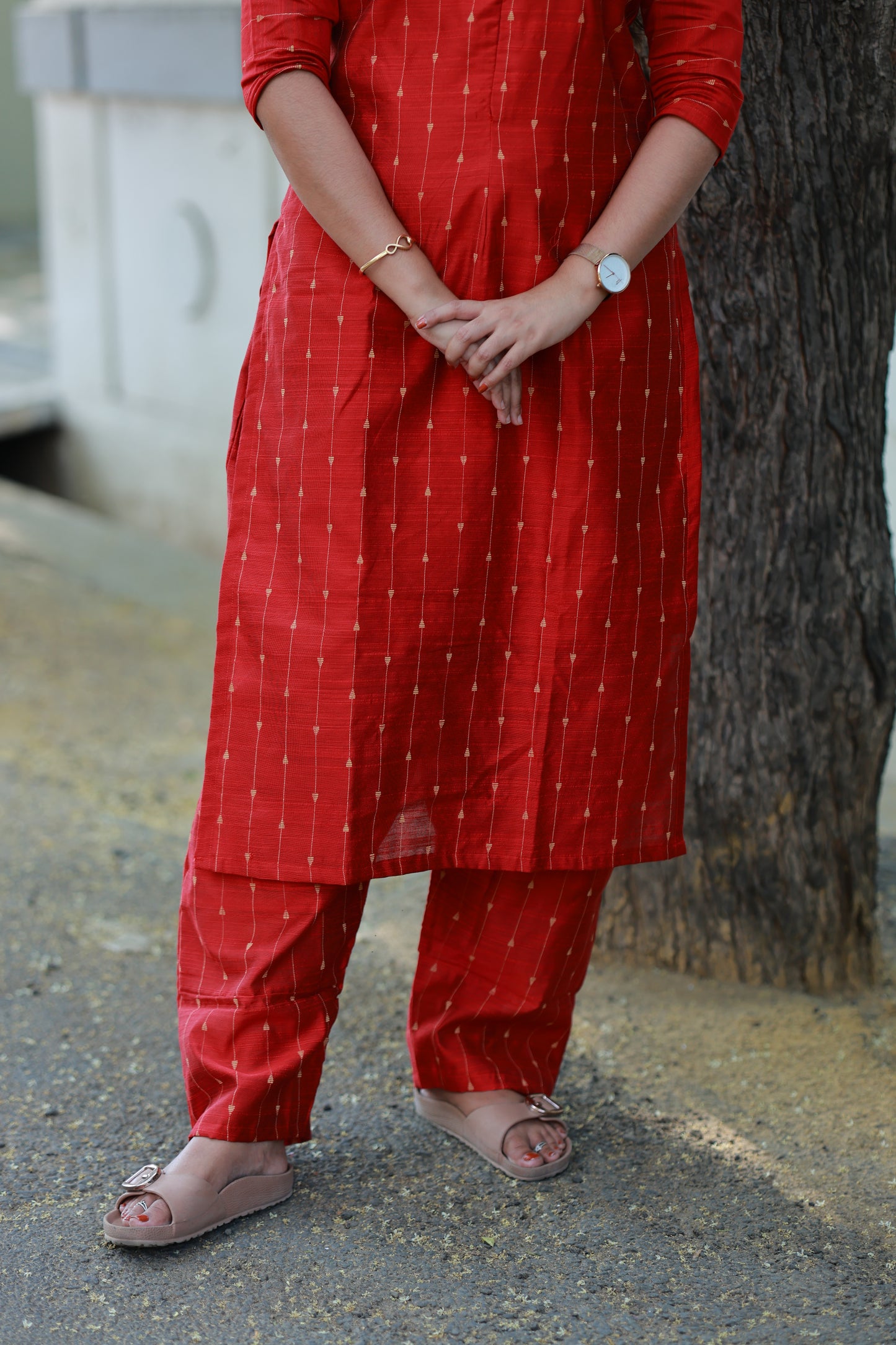 Coordset - Raw silk Maternity 3 pc  festival kurti  set [ Top with center zip, pant and dupatta ] - Deep Red