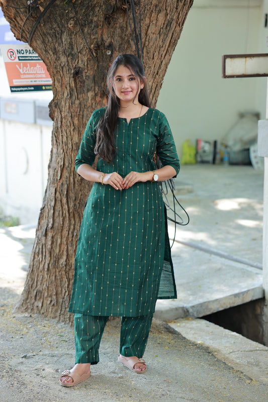 Coordset - Raw silk Maternity  2 pc  festival kurti  set [ Top with center zip, and pant]   -Drak Green