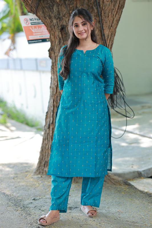 Coordset - Raw silk Maternity  2 pc  festival kurti  set [ Top with center zip and ] pant   - Blue