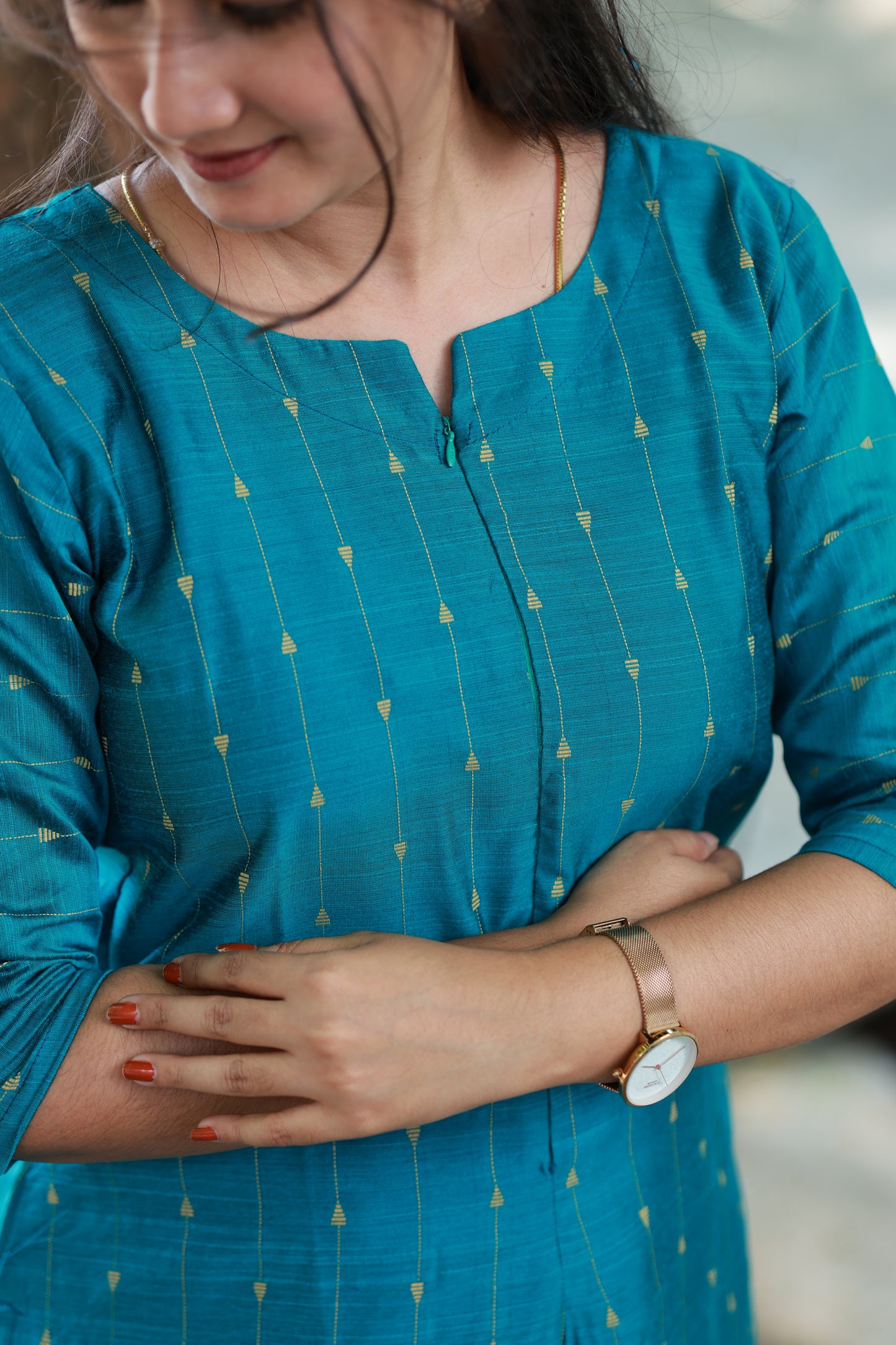 Coordset - Raw silk Maternity 3 pc  festival kurti  set [ Top with center zip, pant and dupatta ] - Blue