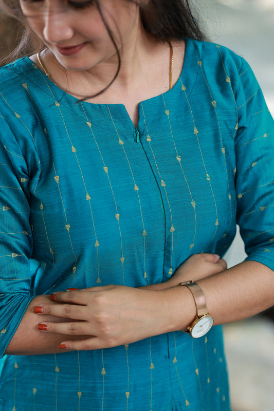 Coordset - Raw silk Maternity  2 pc  festival kurti  set [ Top with center zip and ] pant   - Blue