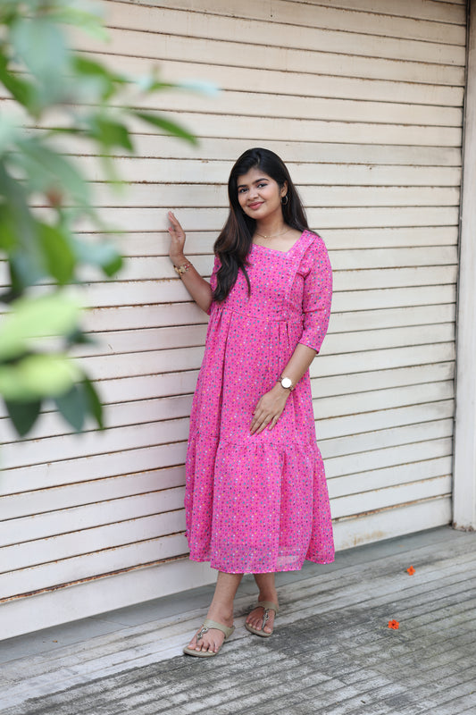 Neemai Pink Heart Print Georgette Maternity Maxi Gown, Lightweight Breathable Summer Friendly Pregnancy Dress for Women, Plus Size georgette dress 