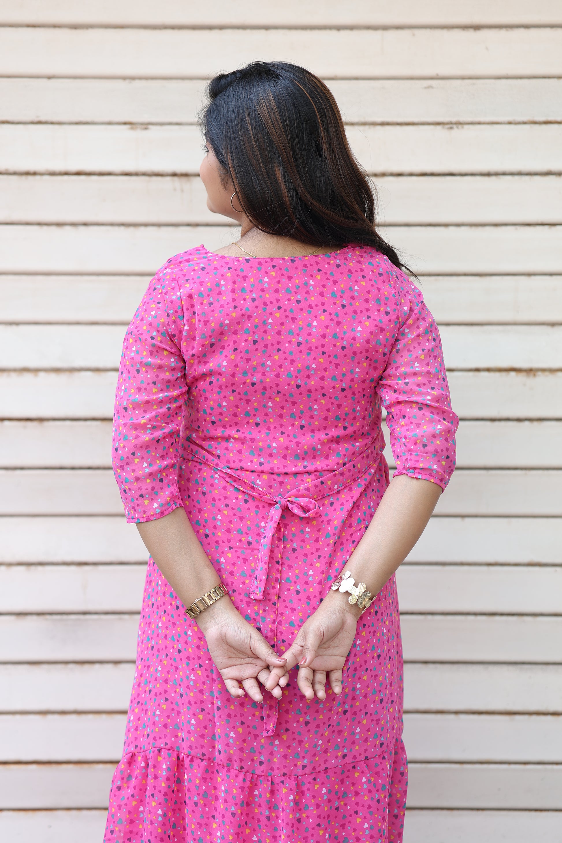 Neemai Pink Heart Print Georgette Maternity Maxi gown with Adjustable Back Tie for comfortable pregnancy and Postpartum Wear, plus size maternity fashion 