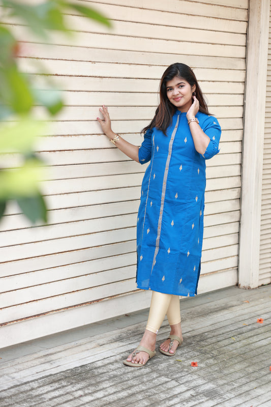 Handloom cotton border Kurti  -  Ujala Blue - optional feeding