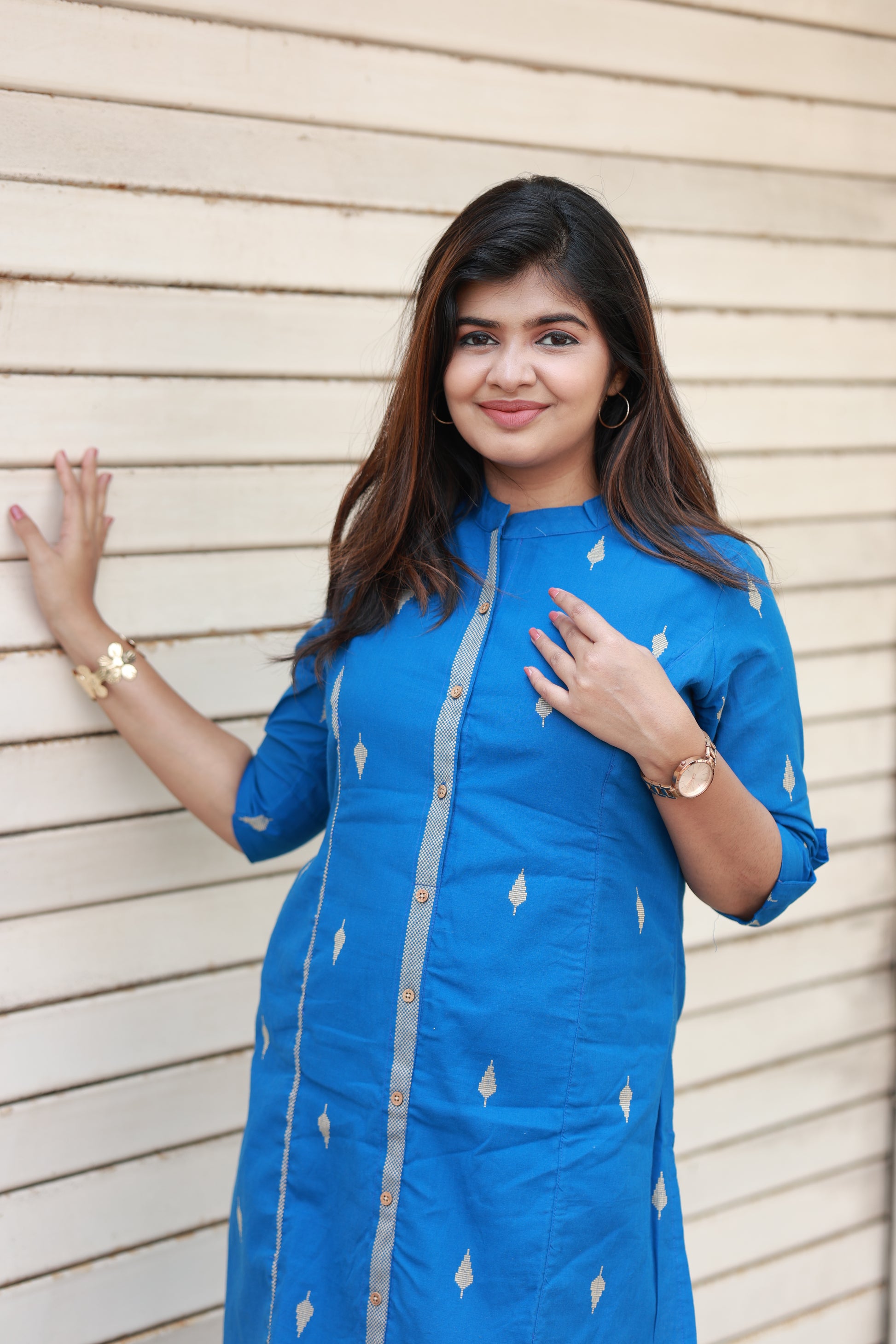 Neemai Blue Chinese Collar Maternity Kurti with Front Buttons for Easy Nursing Access, Soft Handloom Cotton Summer Wear, Plus Size cotton outfit