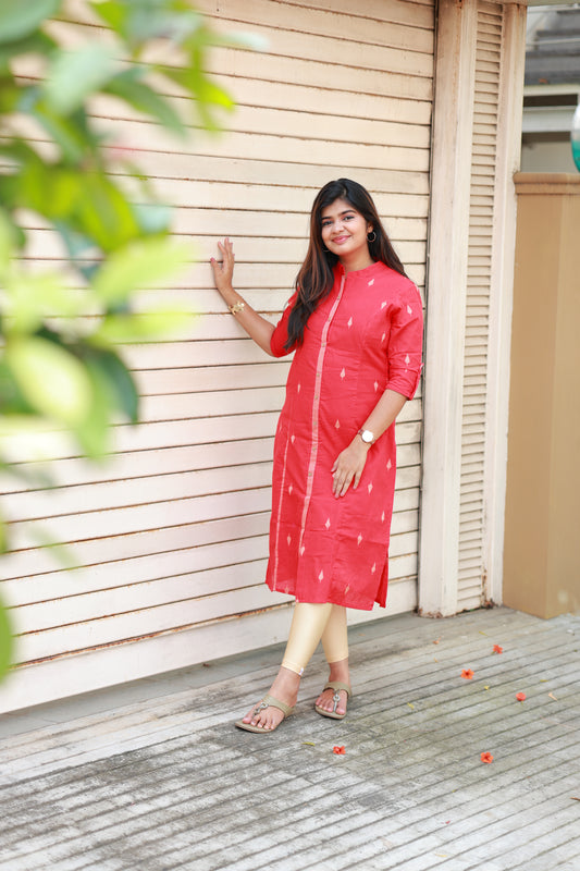 Handloom cotton border Kurti -  Red - optional feeding