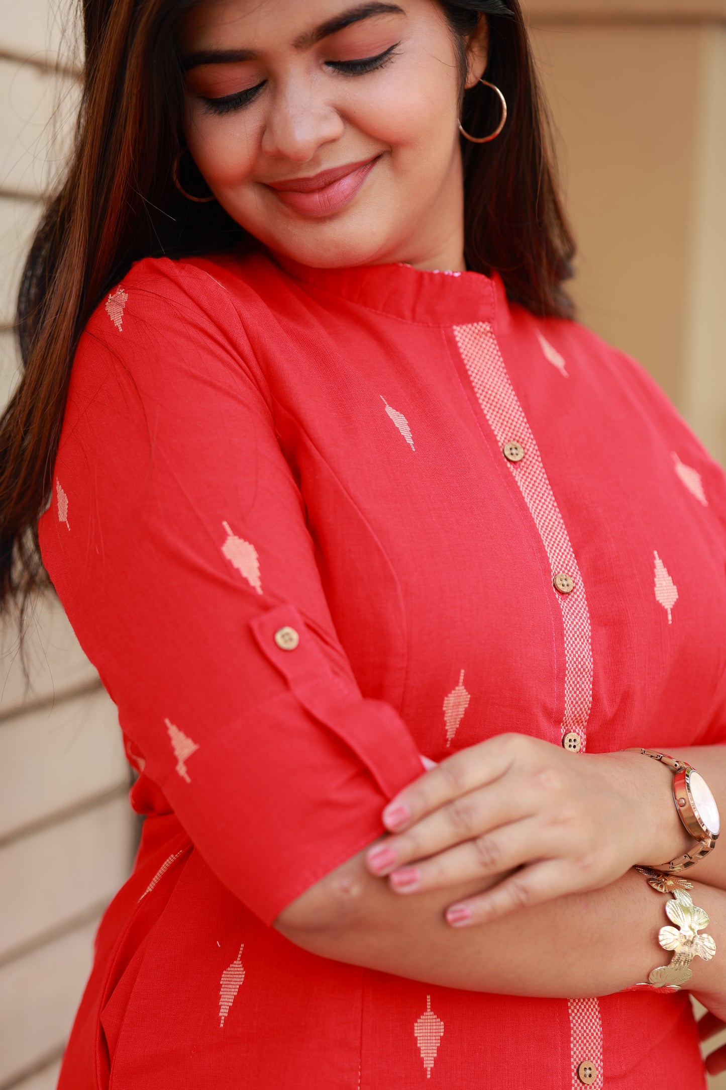 Handloom cotton border Kurti -  Red - optional feeding