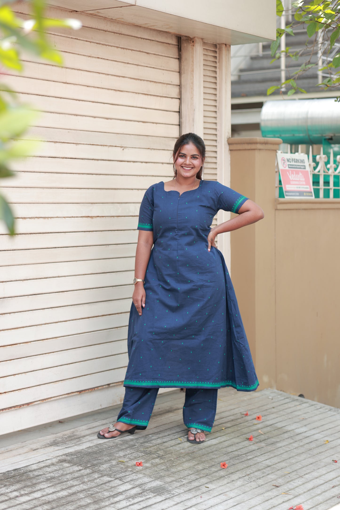 Neemai Navy Blue Maternity Co-ord Set with Green Motif Print, Feeding Friendly Kurti and Pant Set, Comfortable Pregnancy Wear, Plus Size summer friendly wear
