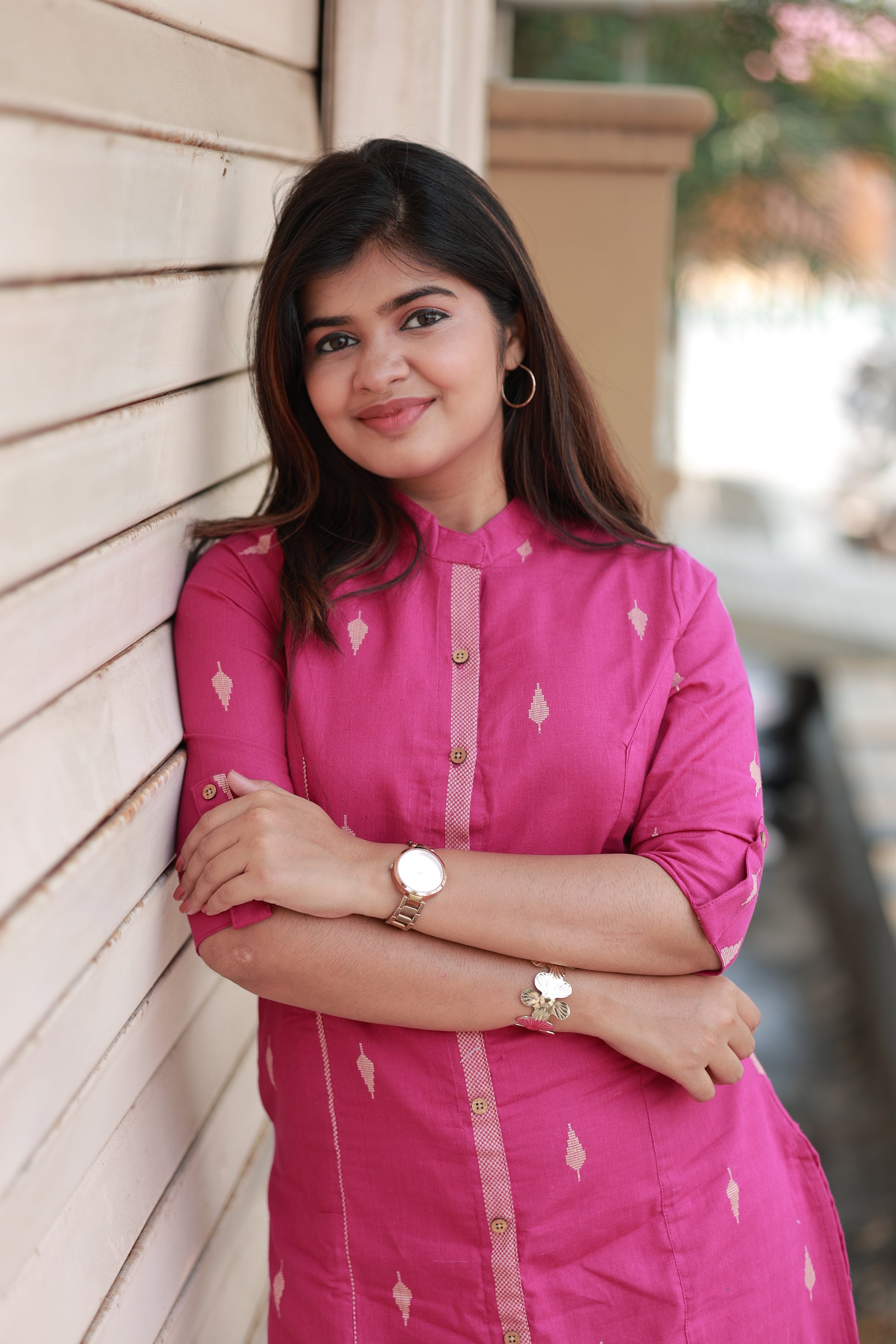 Neemai Pink Handloom Cotton Kurti with 3/4 Sleeves and Front Button Opening,comfortable everyday cotton kurti for casual wear with nursing friendly access, plus size summer collection.
