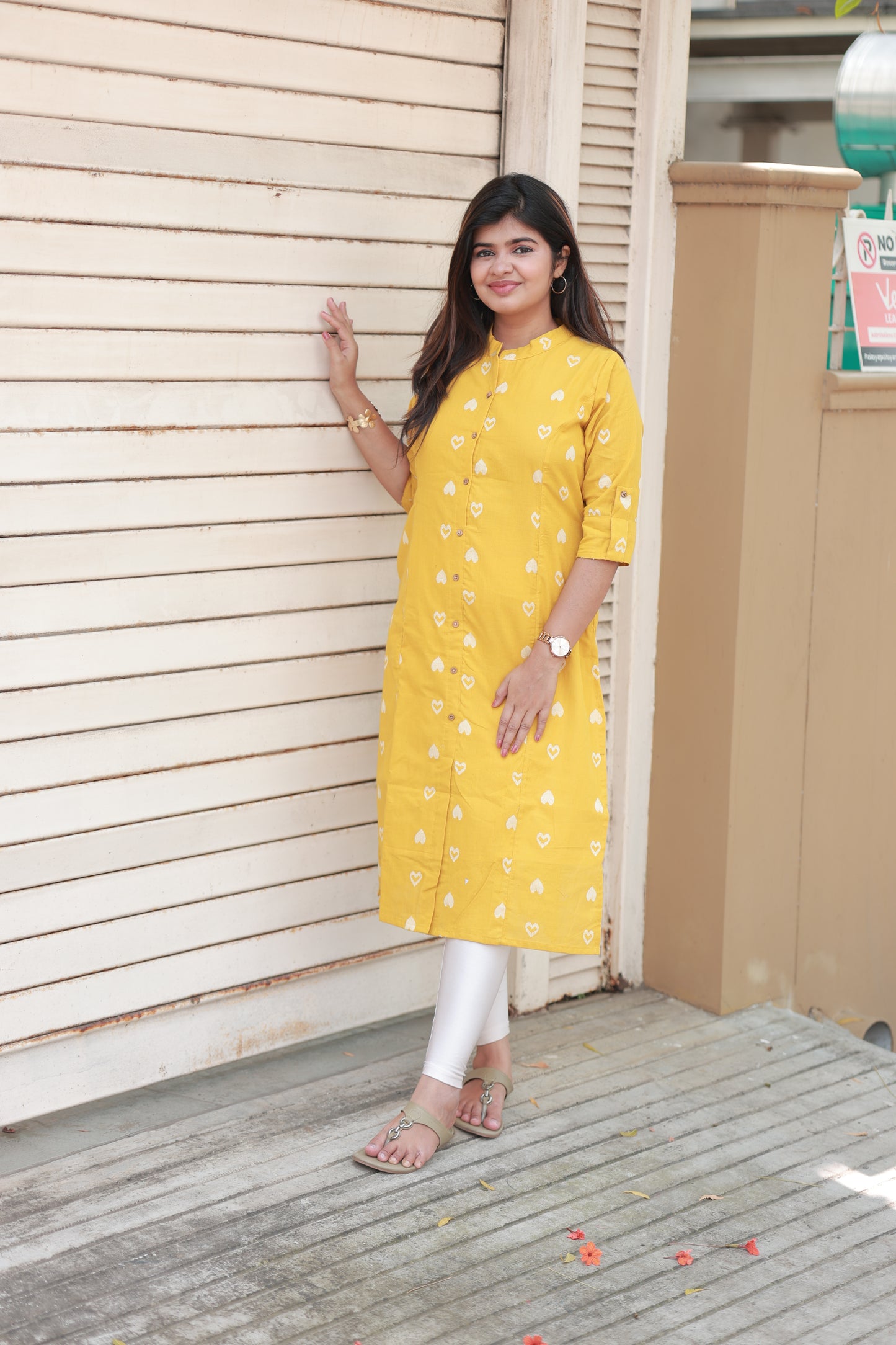 Neemai Yellow Cotton Kurti with White Heart Print, Chinese Collar Regular Wear for Women, Front Button Opening, Plus Size summer dresses