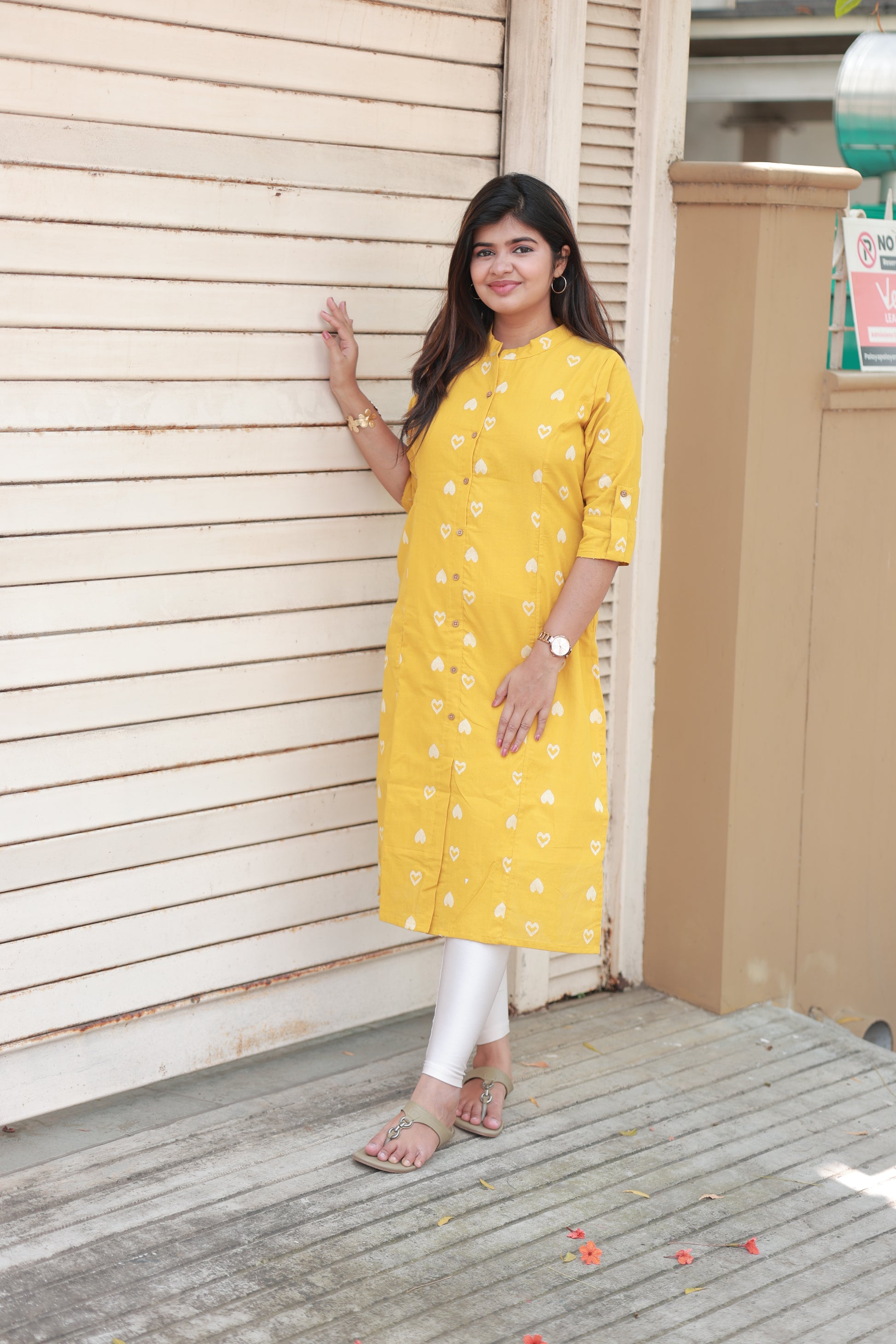 Neemai Yellow Cotton Kurti with White Heart Print, Chinese Collar Regular Wear for Women, Front Button Opening, Plus Size summer dresses