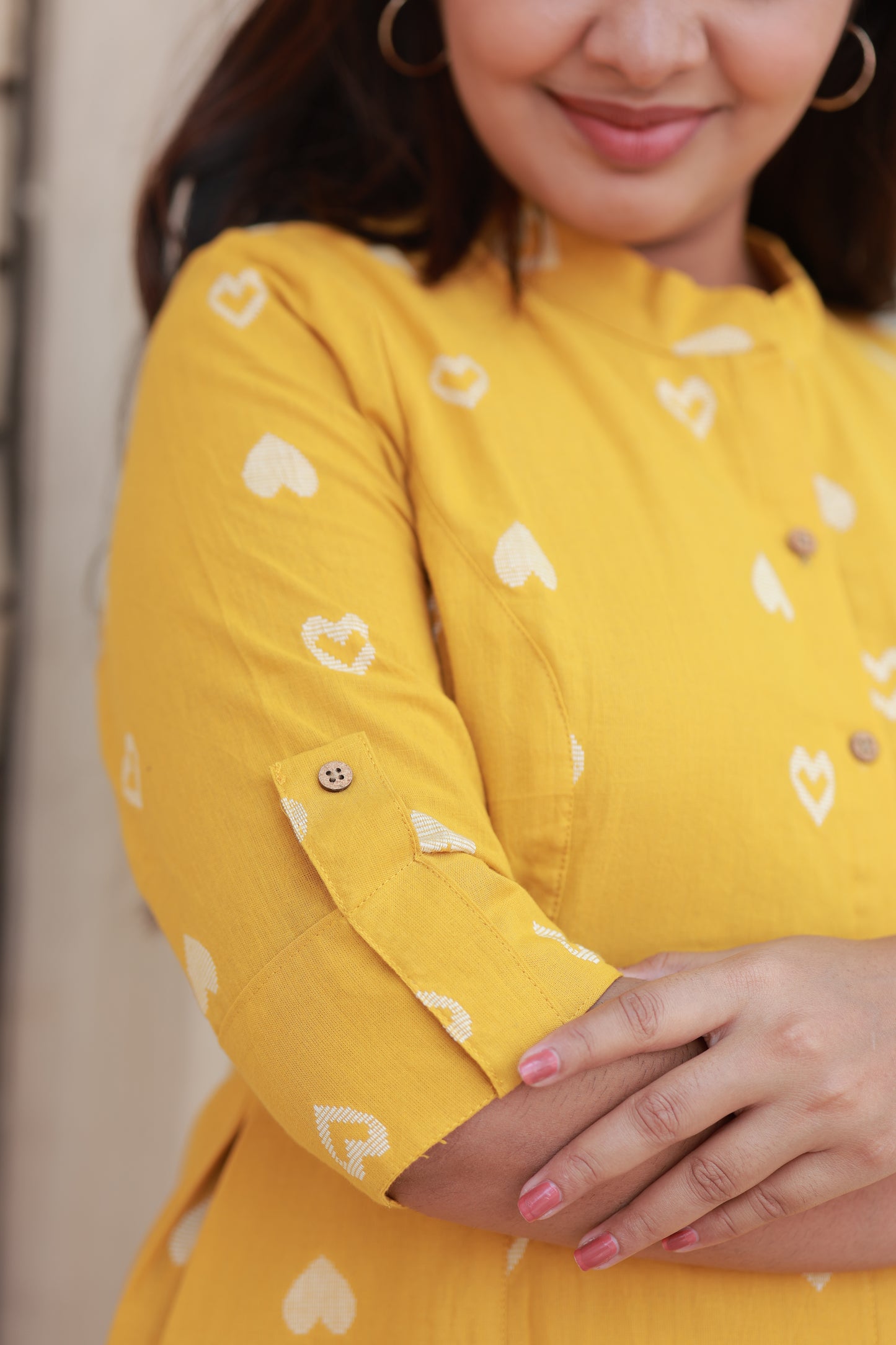 Neemai Yellow Printed Cotton Kurti with 3/4 Roll Up Sleeves and Button Tab, Comfortable Daily Wear for Women, Plus Size cotton kurti
