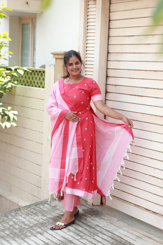 Handloom cotton Maternity 3 pc chudidhar set [ Top with center zip, pant and dupatta] - Tomato