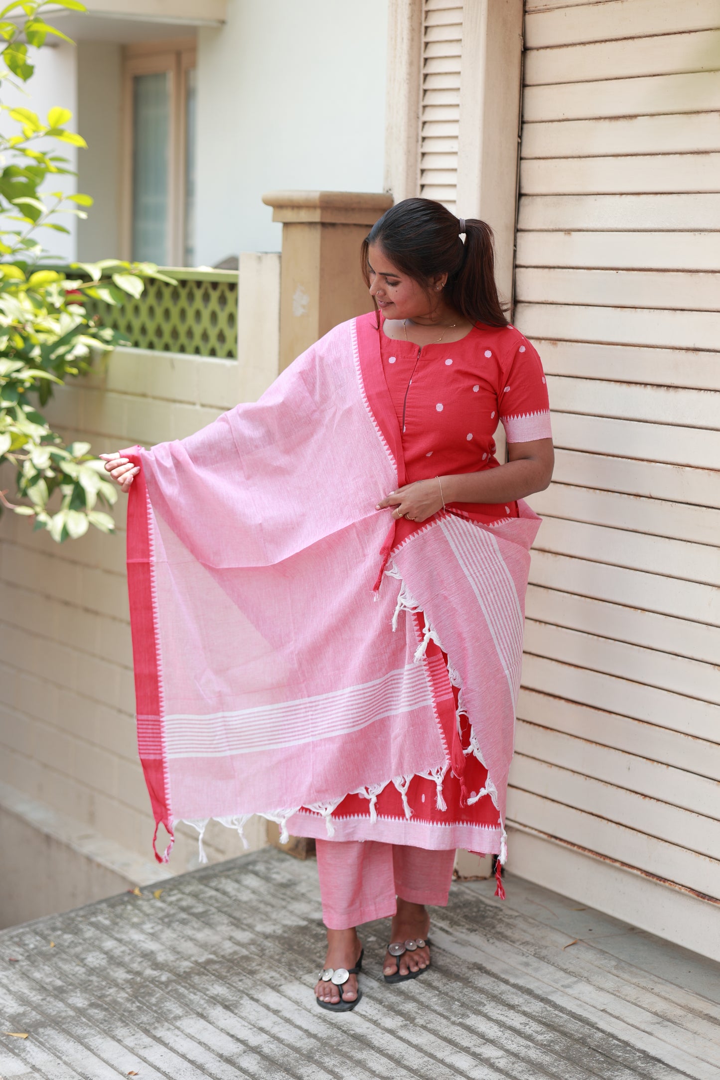 Neemai Red Maternity Kurti Set with Contrast Pink Dupatta, Nursing Friendly 3 Piece Outfit for Baby Shower & Function Wear, plus size india