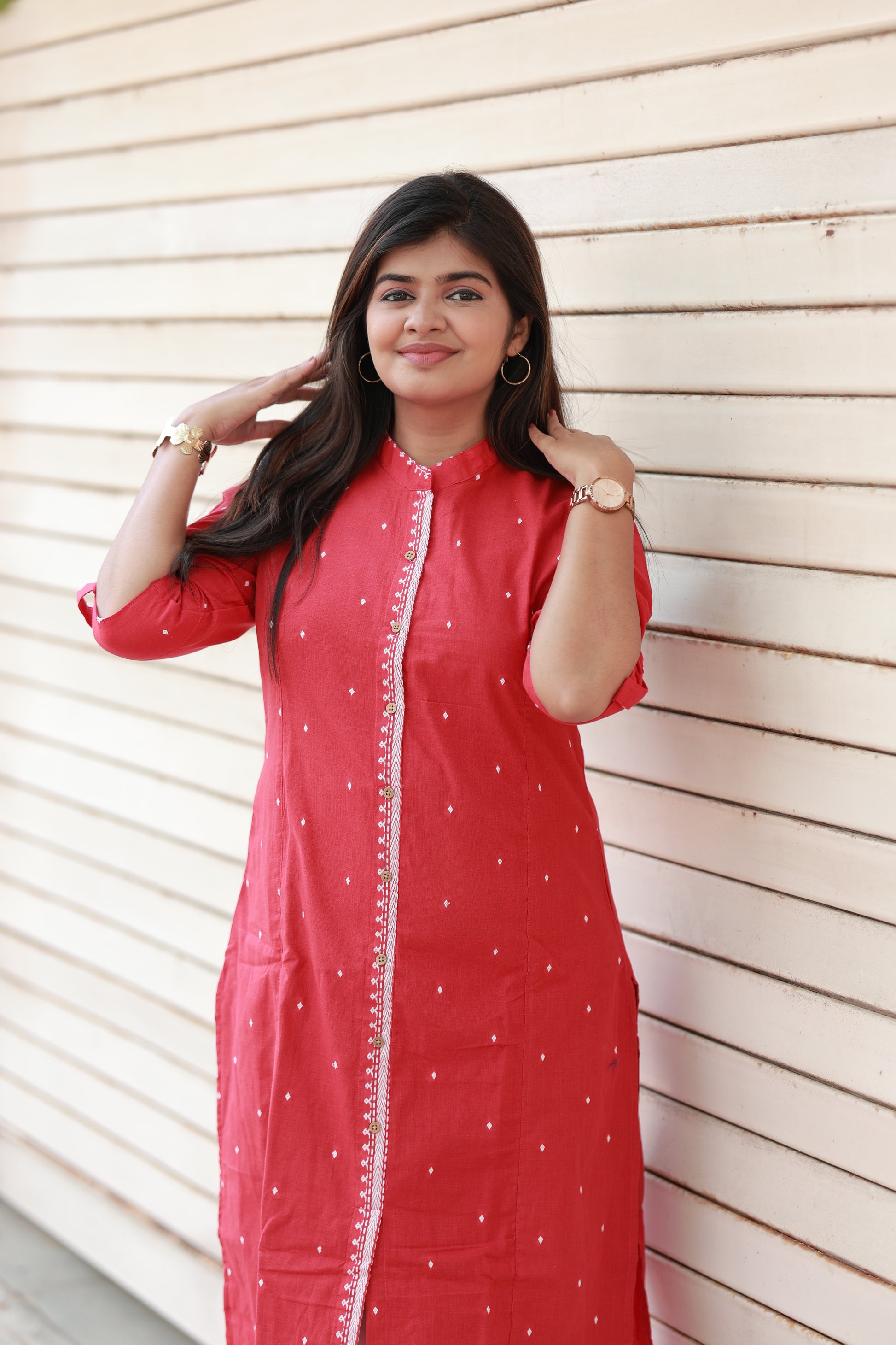 Neemai Red Handloom Cotton Kurti with Front Buttons, Comfortable Daily Wear with Optional Nursing Friendly Design, Plus Size cotton wear