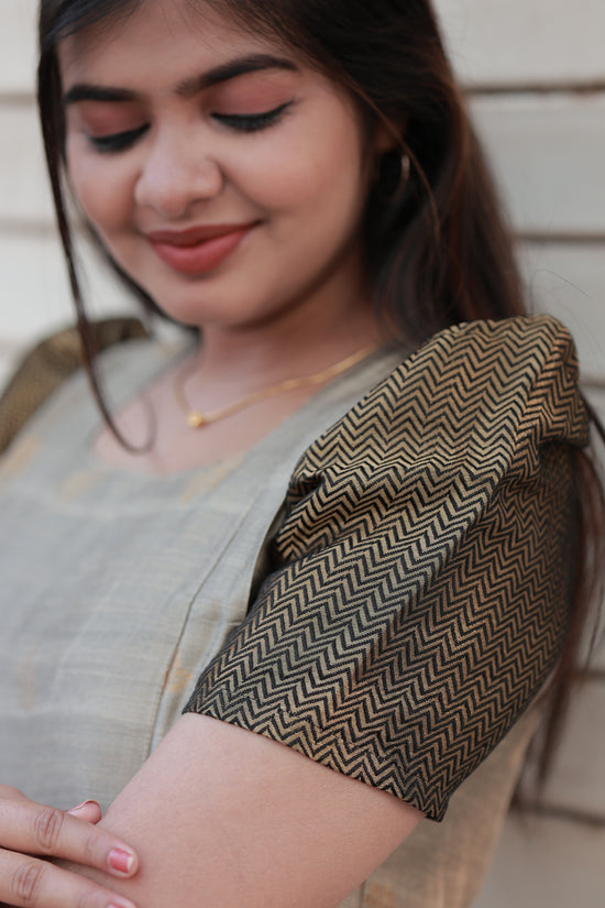 Neemai Silver Grey Silk Maternity Maxi gown with contrast black Puff Sleeves, Stylish traditional wear for functions, plus size ethnic wear india 