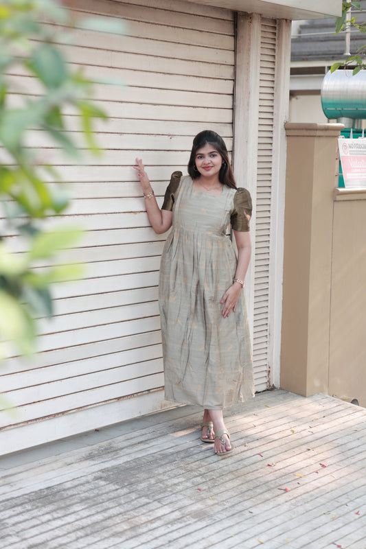 Neemai Silver Grey Raw Silk Maternity Maxi Gown, summer festive collection, soft weightless ethnic wear for pregnancy and postpartum comfort