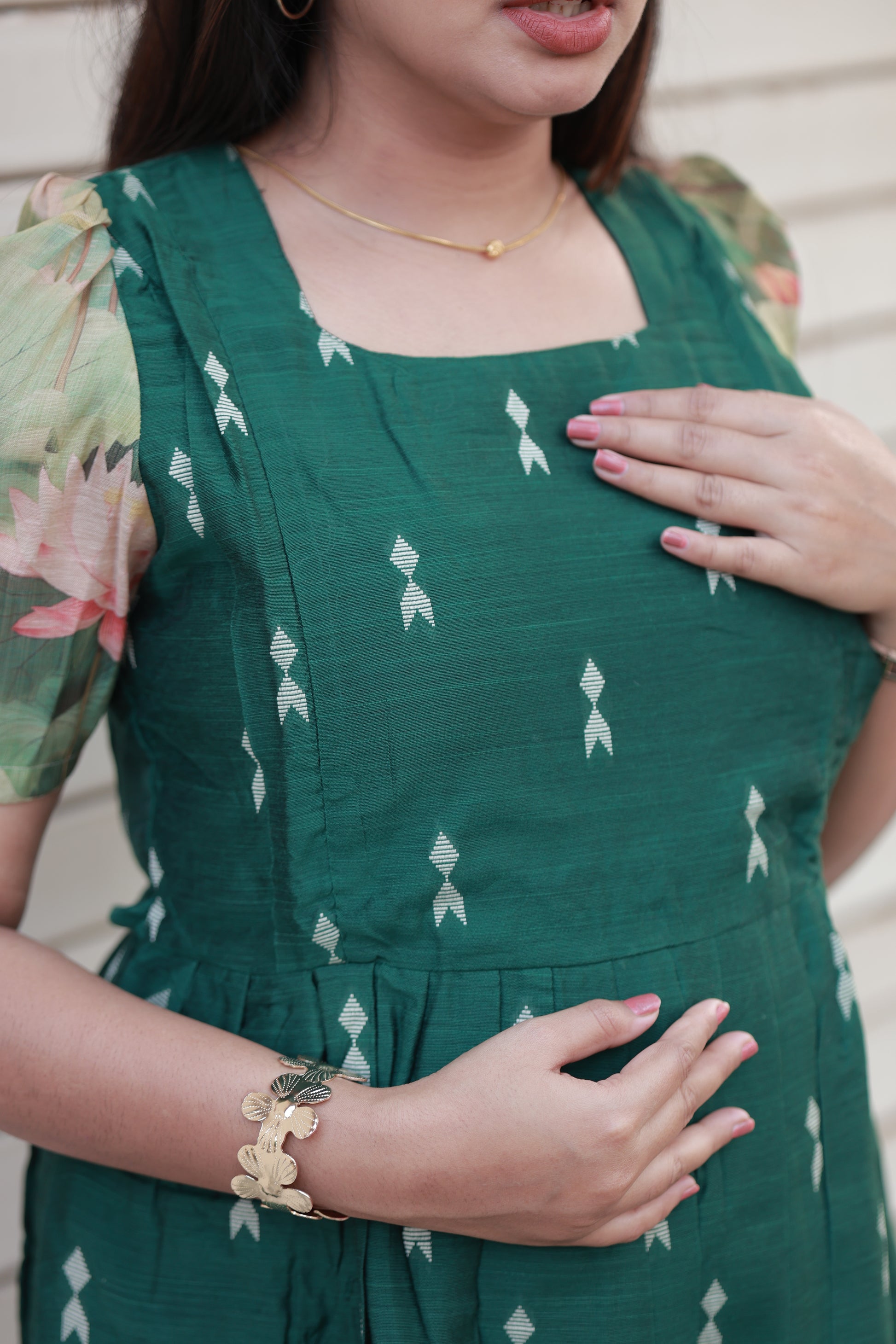 Neemai Emerald Green Silk  Maternity Maxi gown with Printed Sleeves, Traditional Pregnancy and Nursing Wear, soft lightweight fabric perfect for summer 
