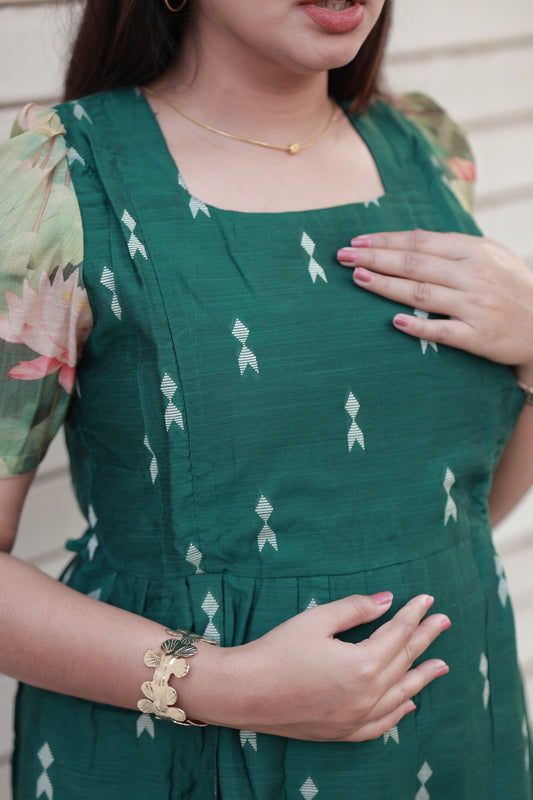 Neemai Emerald Green Silk  Maternity Maxi gown with Printed Sleeves, Traditional Pregnancy and Nursing Wear, soft lightweight fabric perfect for summer 