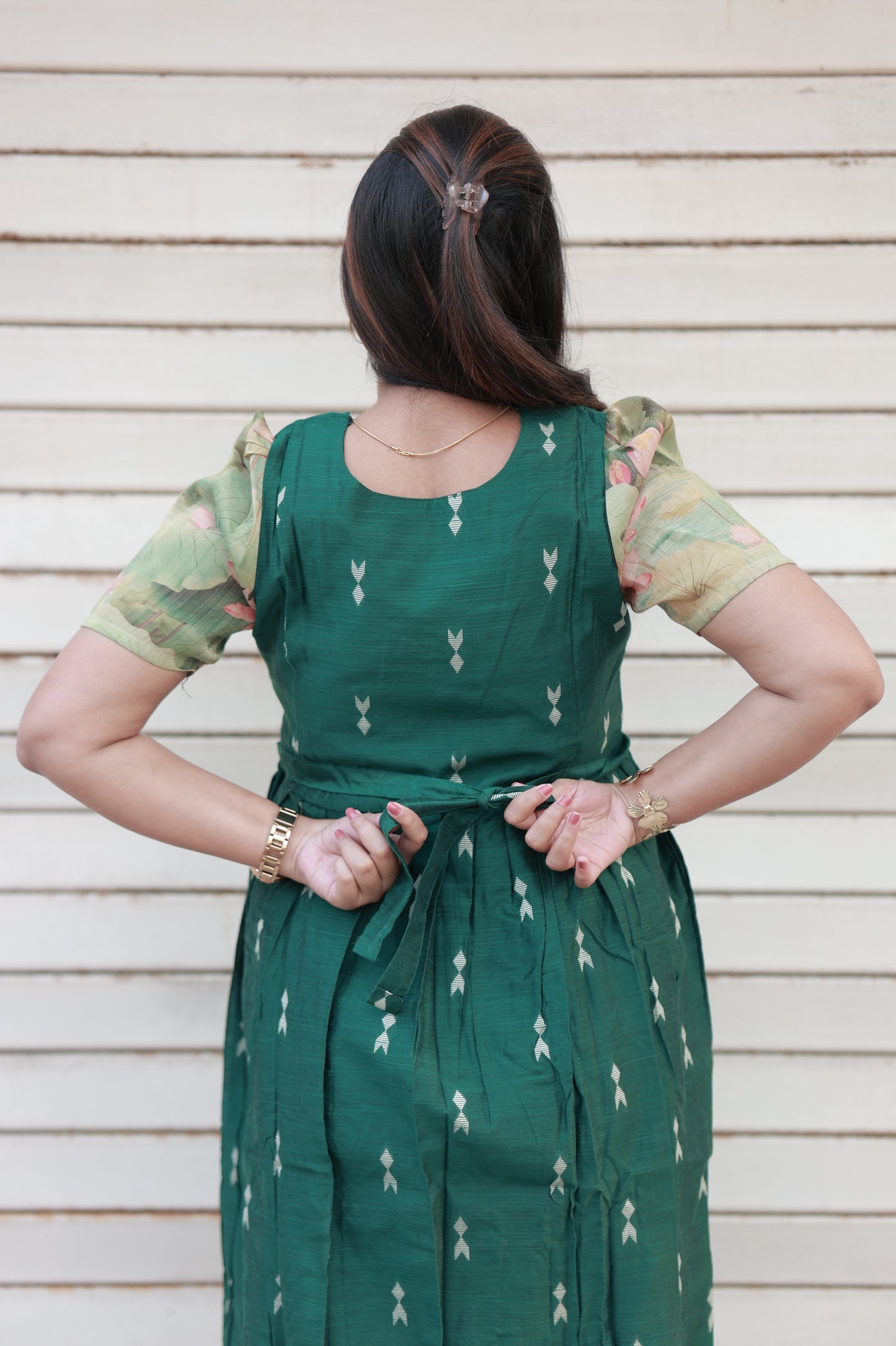 Neemai Forest Green Silk Maternity Maxi Dress with Adjustable Back Tie for pregnancy bump Comfort, comfortable ethnic wear for special occasions