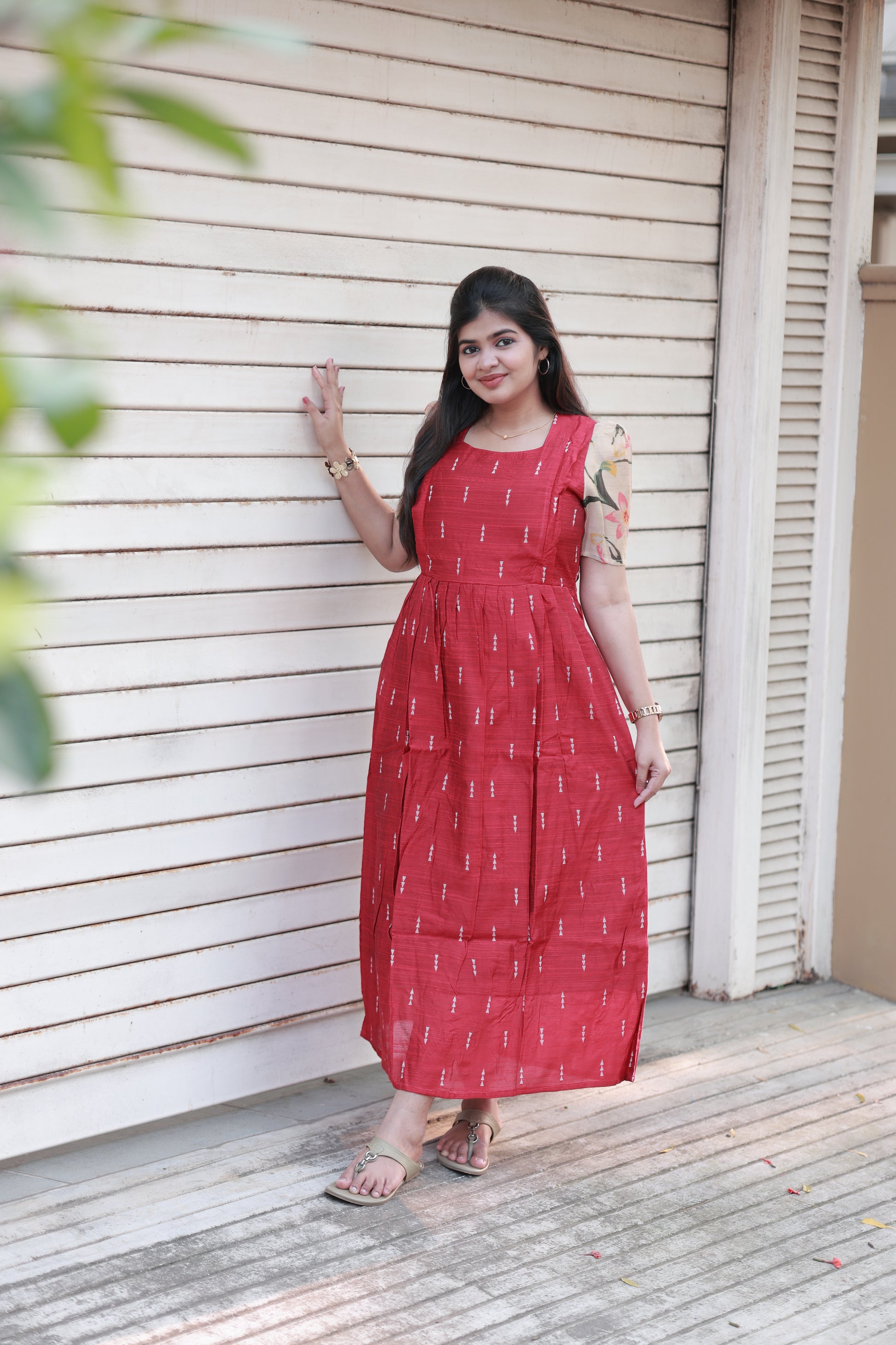 Neemai Red Silk Maternity Maxi Dress with Printed Contrast Sleeves, traditional maternity festival collection, plus size ethnic wear