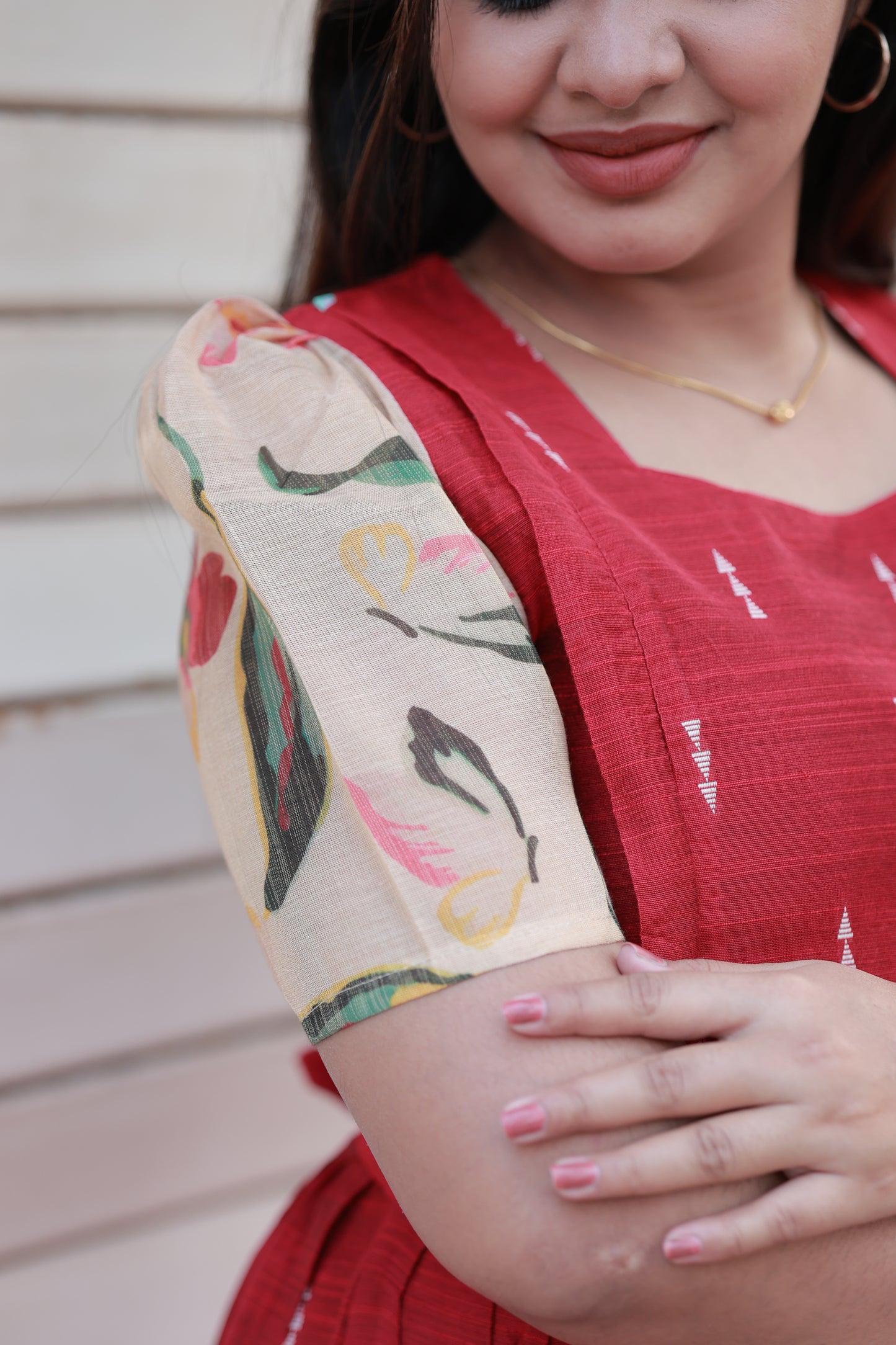 Elegant floral sleeve detailing on neemai's red raw silk maternity gown, plus size pregnancy ethnic wear 