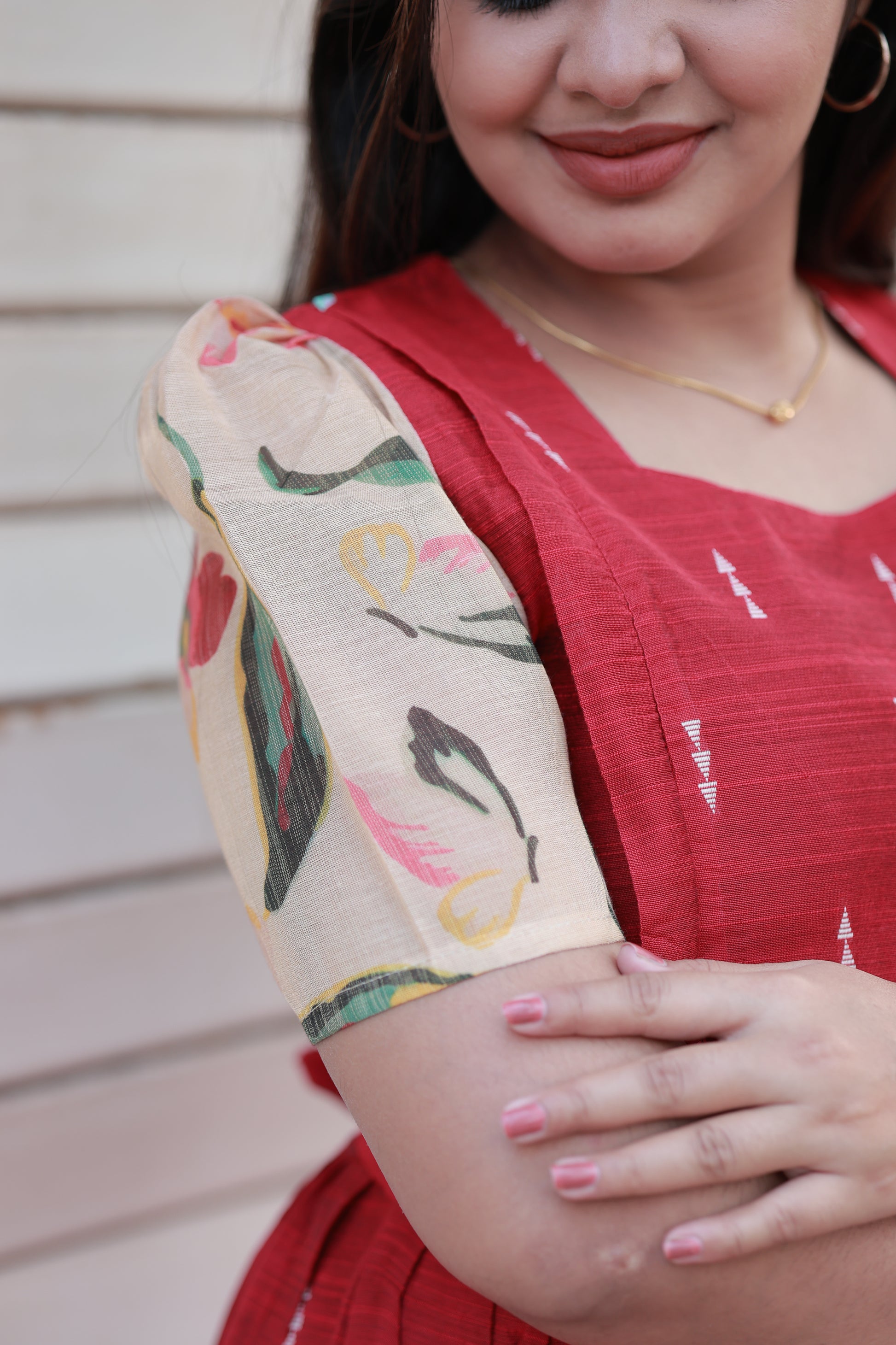 Elegant floral sleeve detailing on neemai's red raw silk maternity gown, plus size pregnancy ethnic wear 