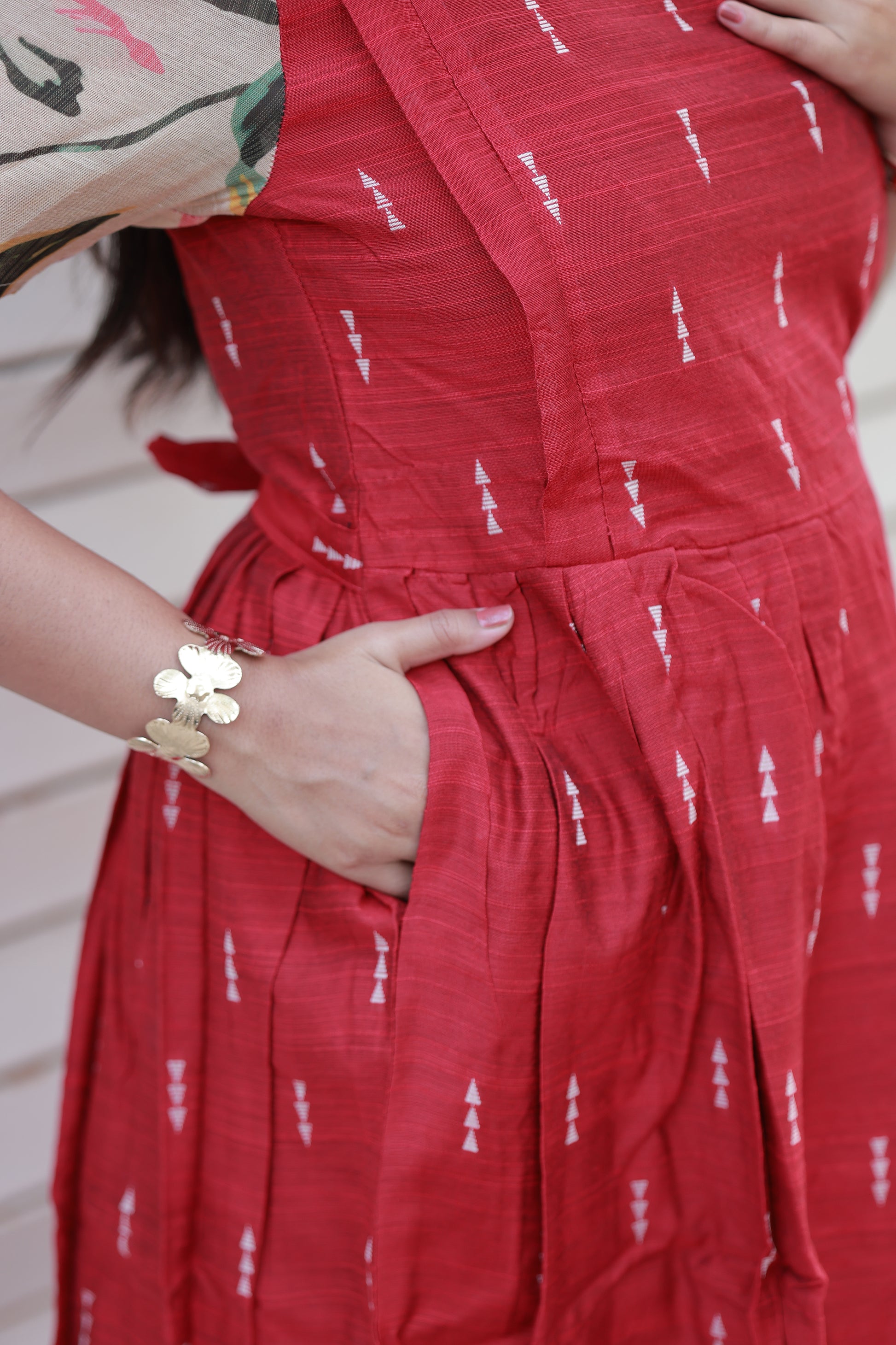 Neemai Red Silk Maternity Maxi Dress with Side Pocket, Comfortable Pregnancy and Postpartum Wear with Functional Design