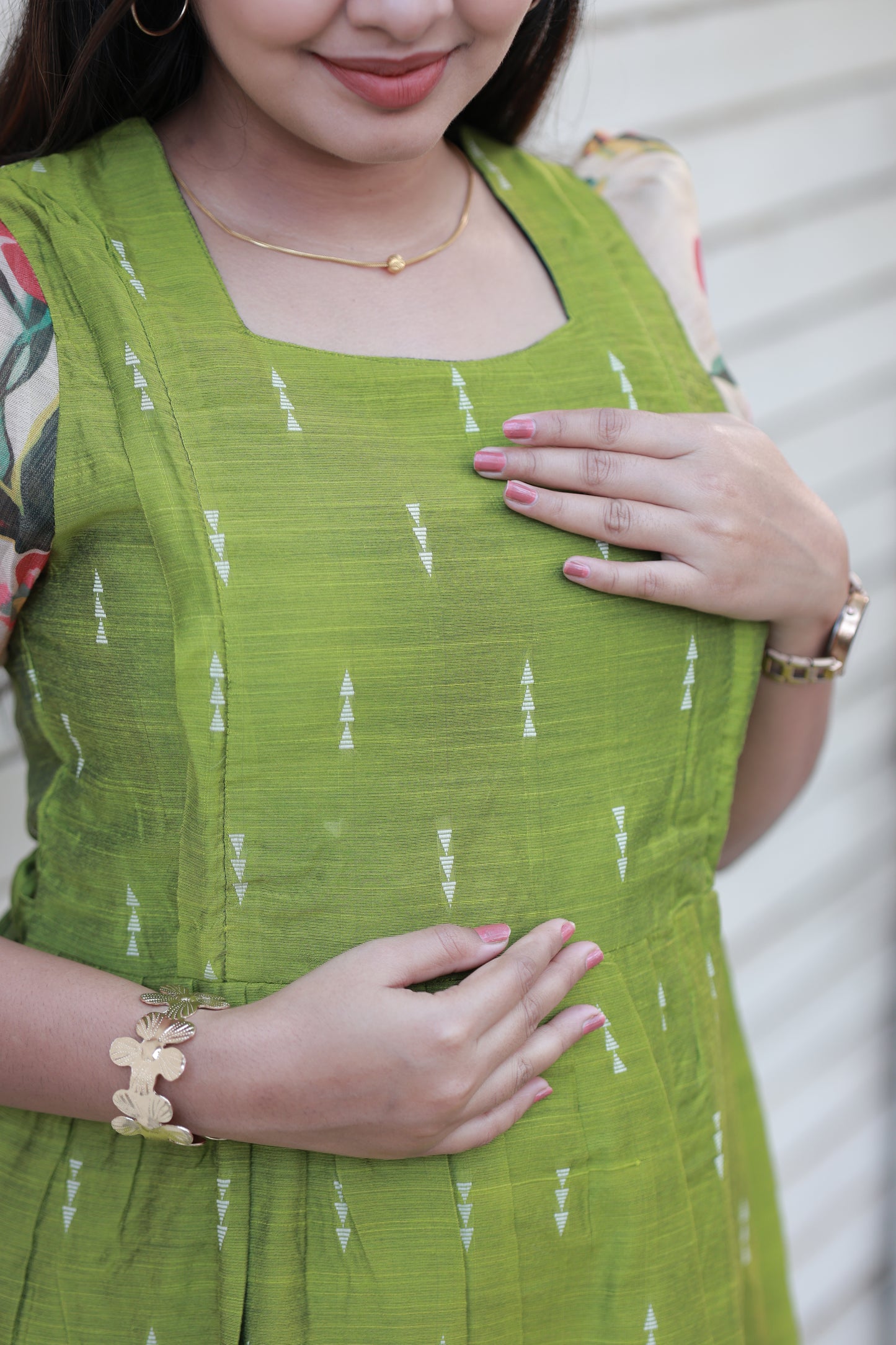 Neemai Lime Green Maternity Maxi Dress with summer friendly soft silk fabric, Stylish Pregnancy and Postpartum Wear for wedding functions