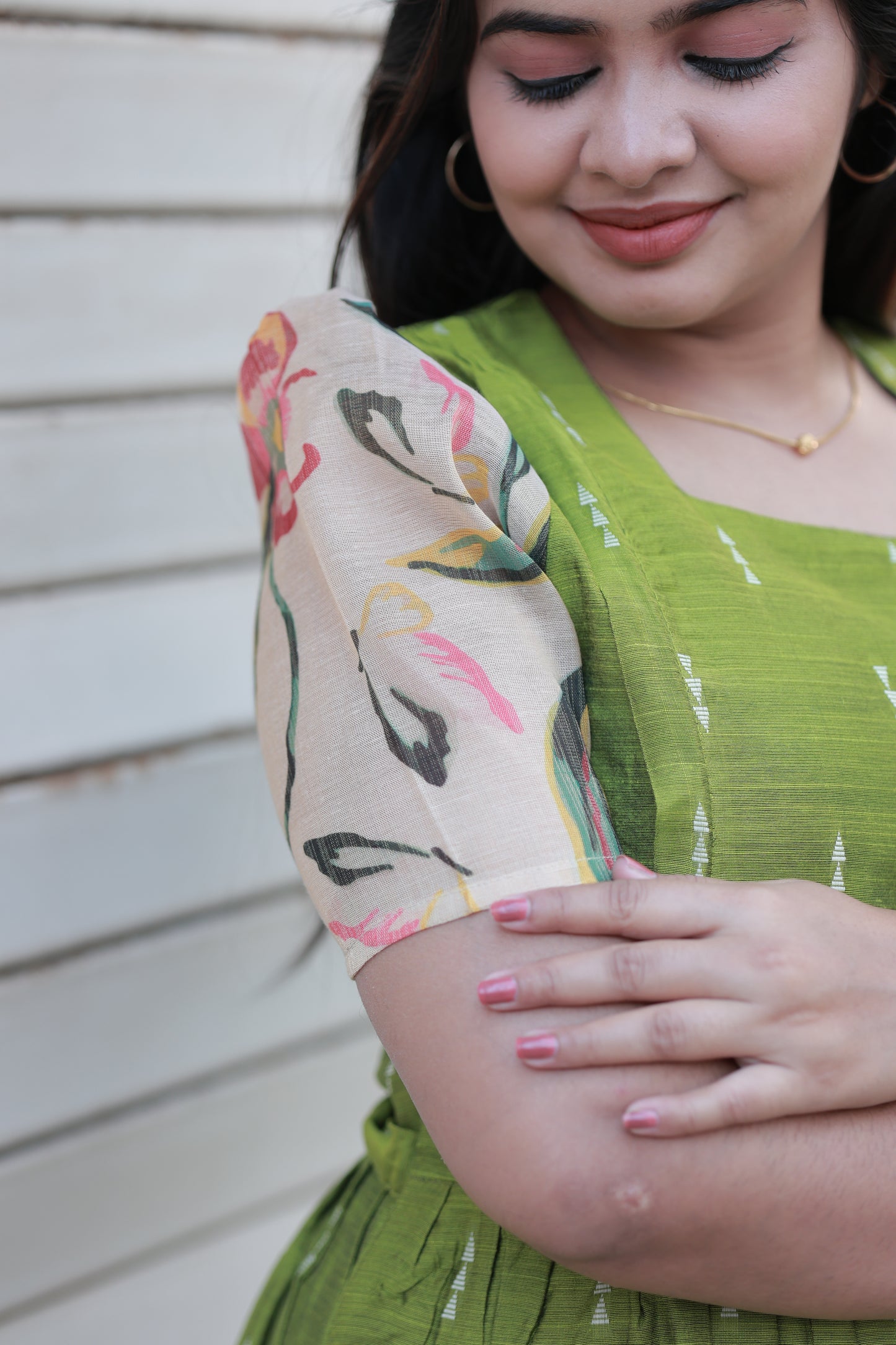 Neemai Lime Green Silk Maternity Maxi Dress with Floral Printed Contrast Sleeves, lightweight festive collection