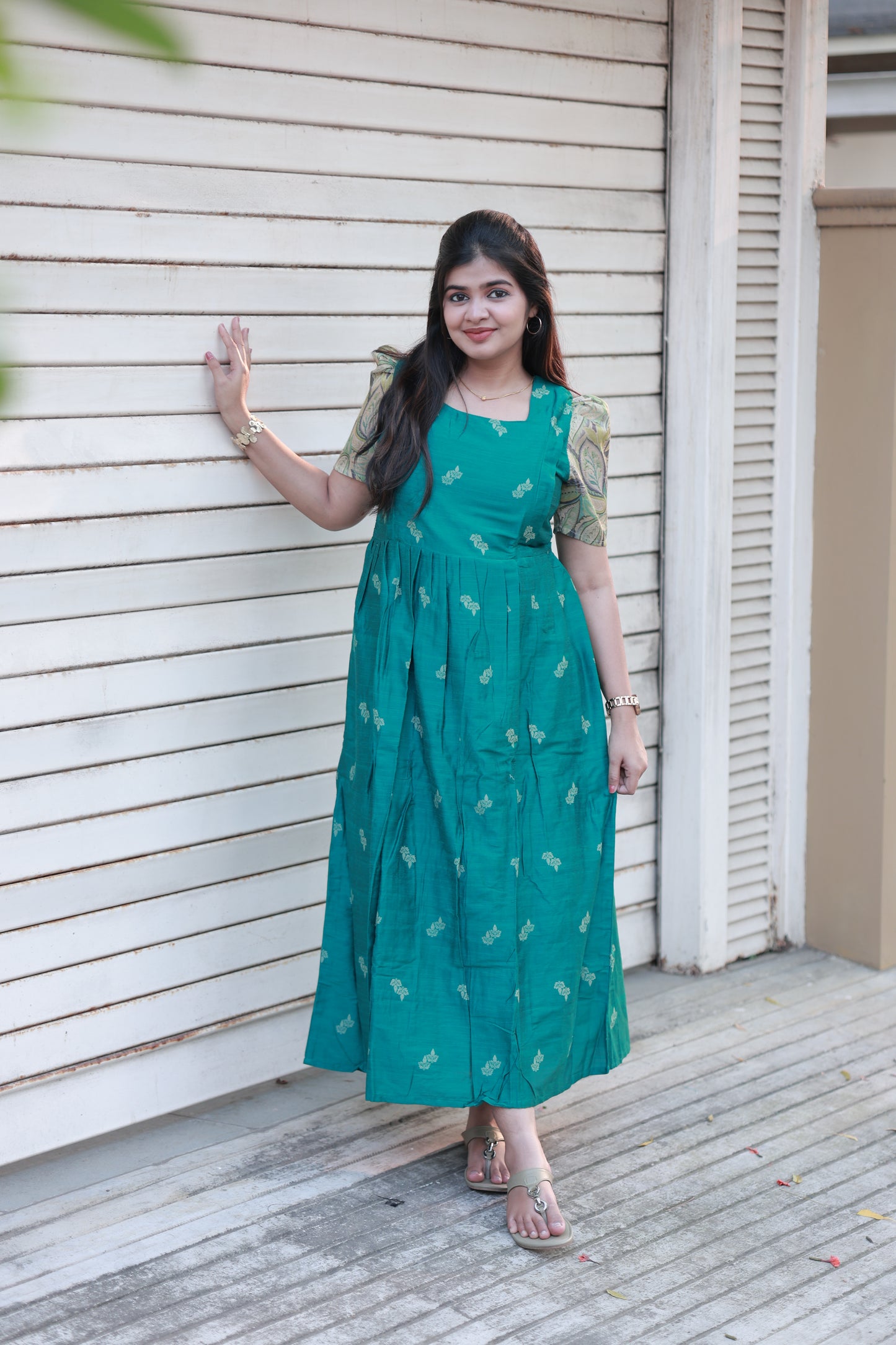 Neemai Peacock Green Raw Silk Maternity Maxi Dress with Floral Sleeve Design, Elegant Ethnic Wear for Women, Plus size maternity traditional wear 