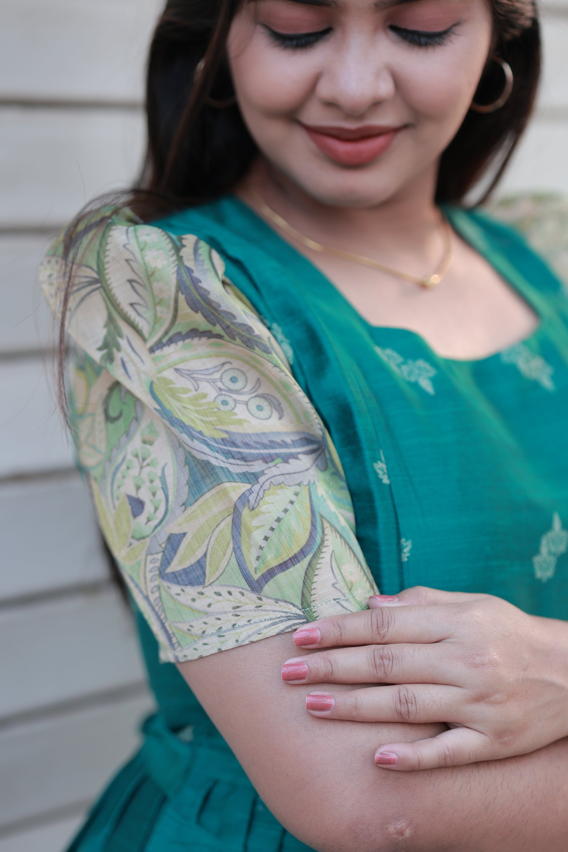 Neemai Green Silk Maternity Maxi Dress with Printed Contrast Sleeves, summer friendly traditional maternity wear, soft Lightweight fabric